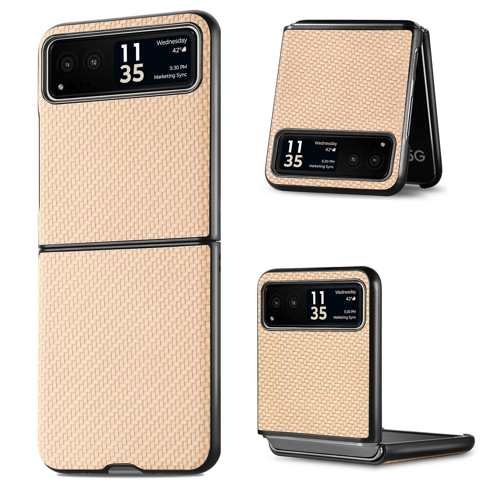 Uniqkart for Motorola Razr 40 5G Phone Case Carbon Fiber Texture PU Leather+PC Phone Cover - Khaki