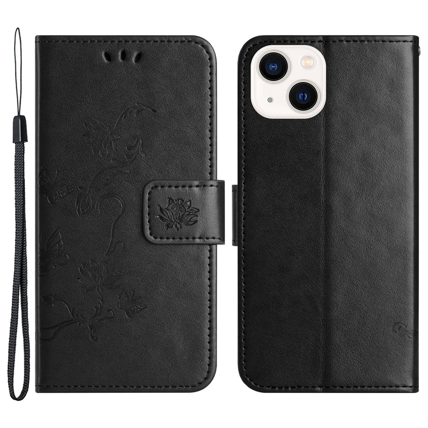 Wallet Stand Phone Case for iPhone 15 Plus , Butterfly Flower Imprinted PU Leather Phone Cover - Black