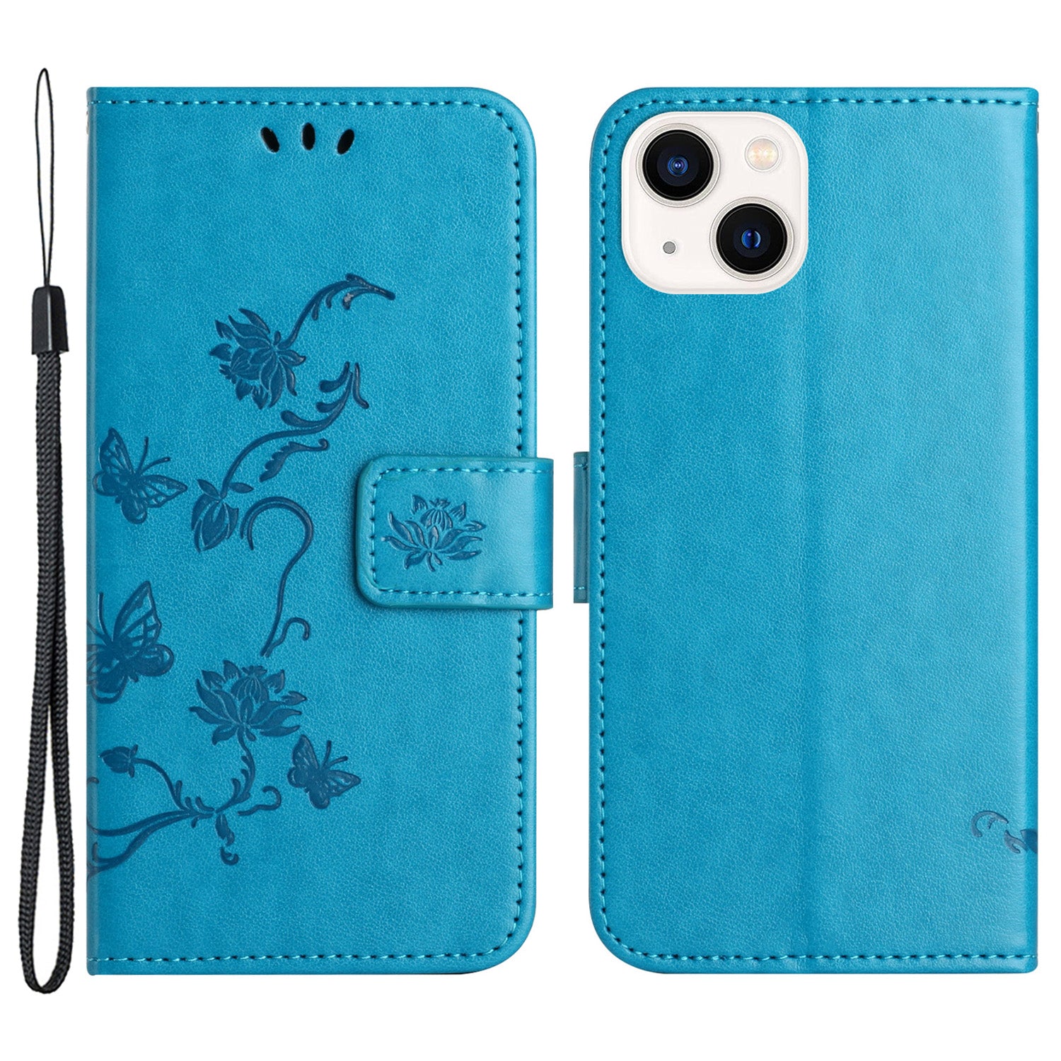 Wallet Stand Phone Case for iPhone 15 Plus , Butterfly Flower Imprinted PU Leather Phone Cover - Blue