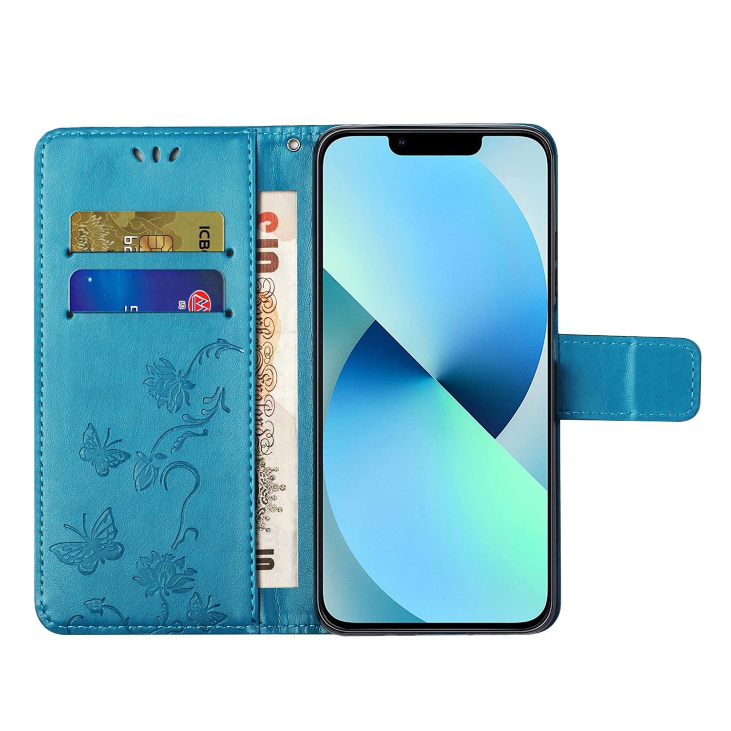 Wallet Stand Phone Case for iPhone 15 Plus , Butterfly Flower Imprinted PU Leather Phone Cover - Blue