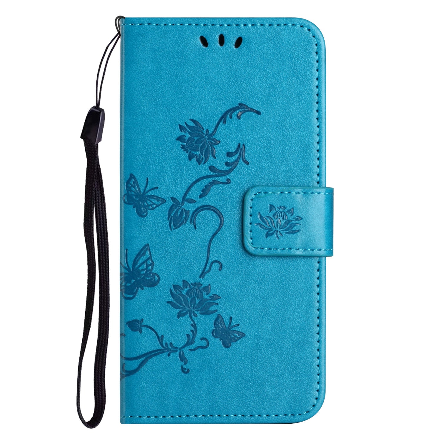 Wallet Stand Phone Case for iPhone 15 Plus , Butterfly Flower Imprinted PU Leather Phone Cover - Blue