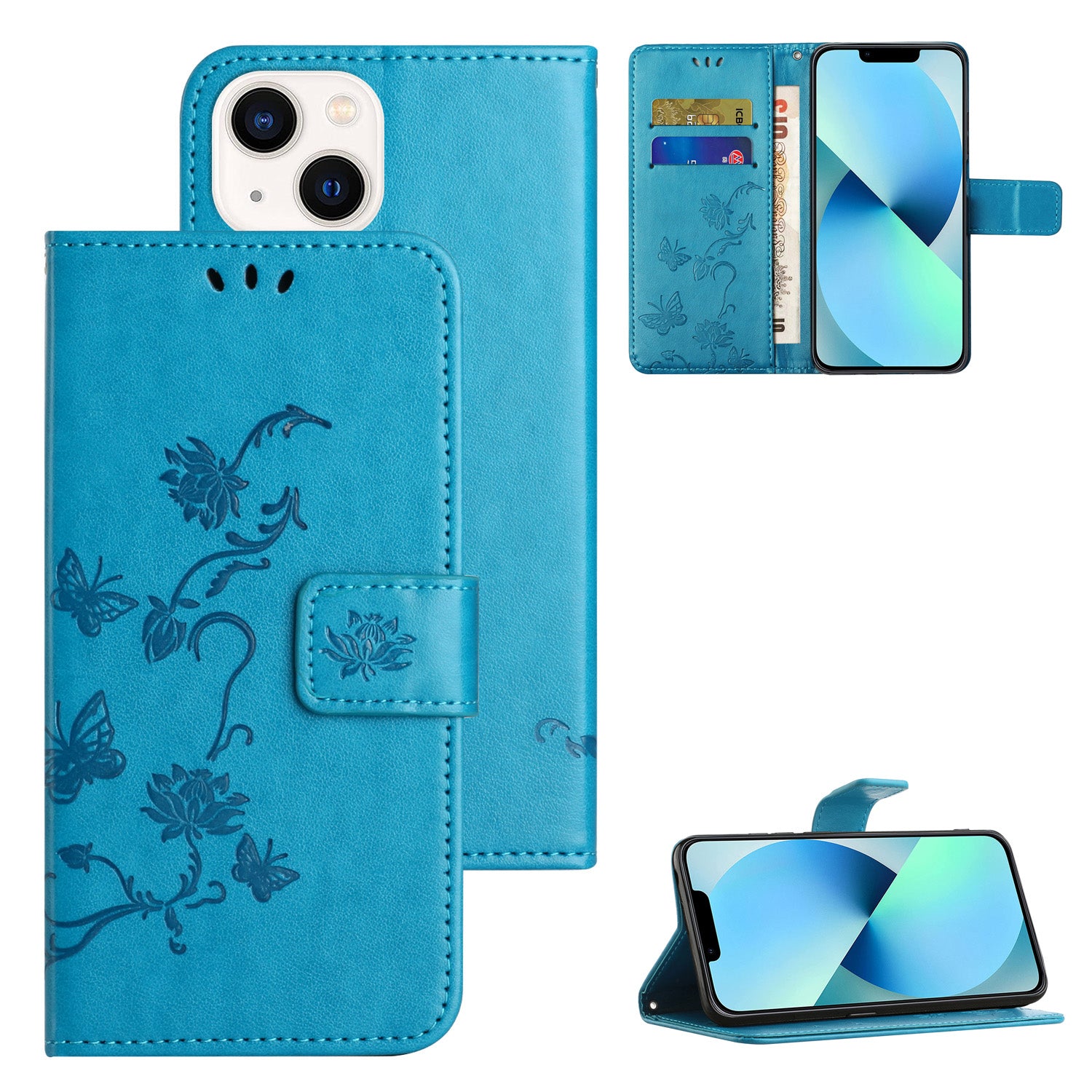 Wallet Stand Phone Case for iPhone 15 Plus , Butterfly Flower Imprinted PU Leather Phone Cover - Blue