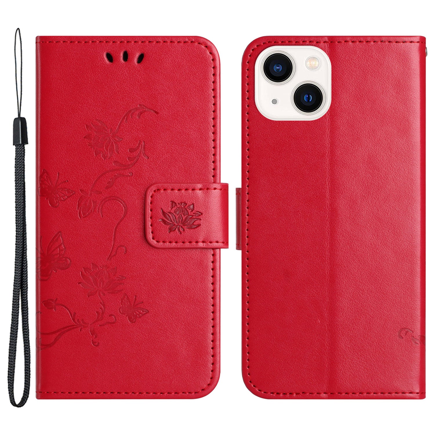 Wallet Stand Phone Case for iPhone 15 Plus , Butterfly Flower Imprinted PU Leather Phone Cover - Red