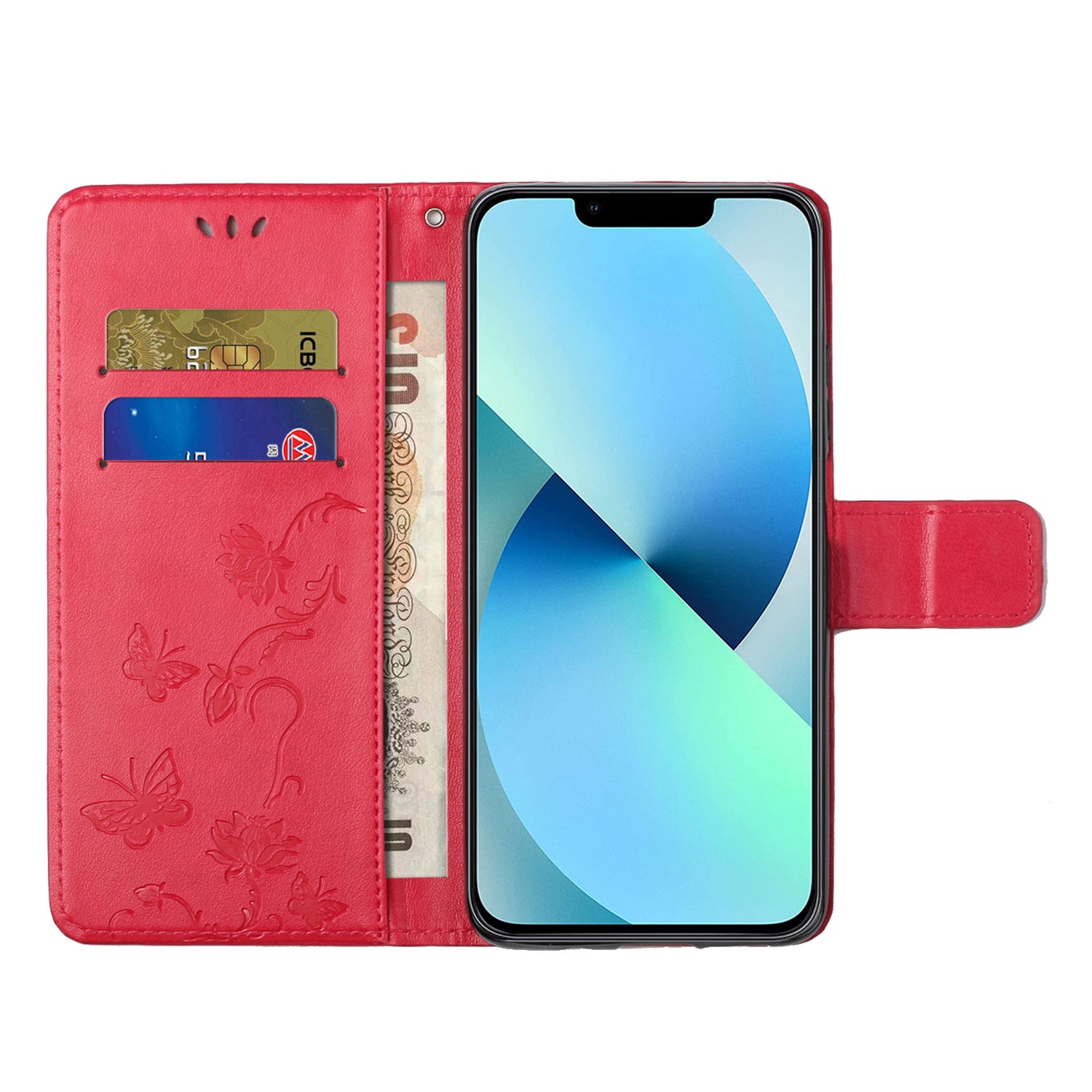 Wallet Stand Phone Case for iPhone 15 Plus , Butterfly Flower Imprinted PU Leather Phone Cover - Red