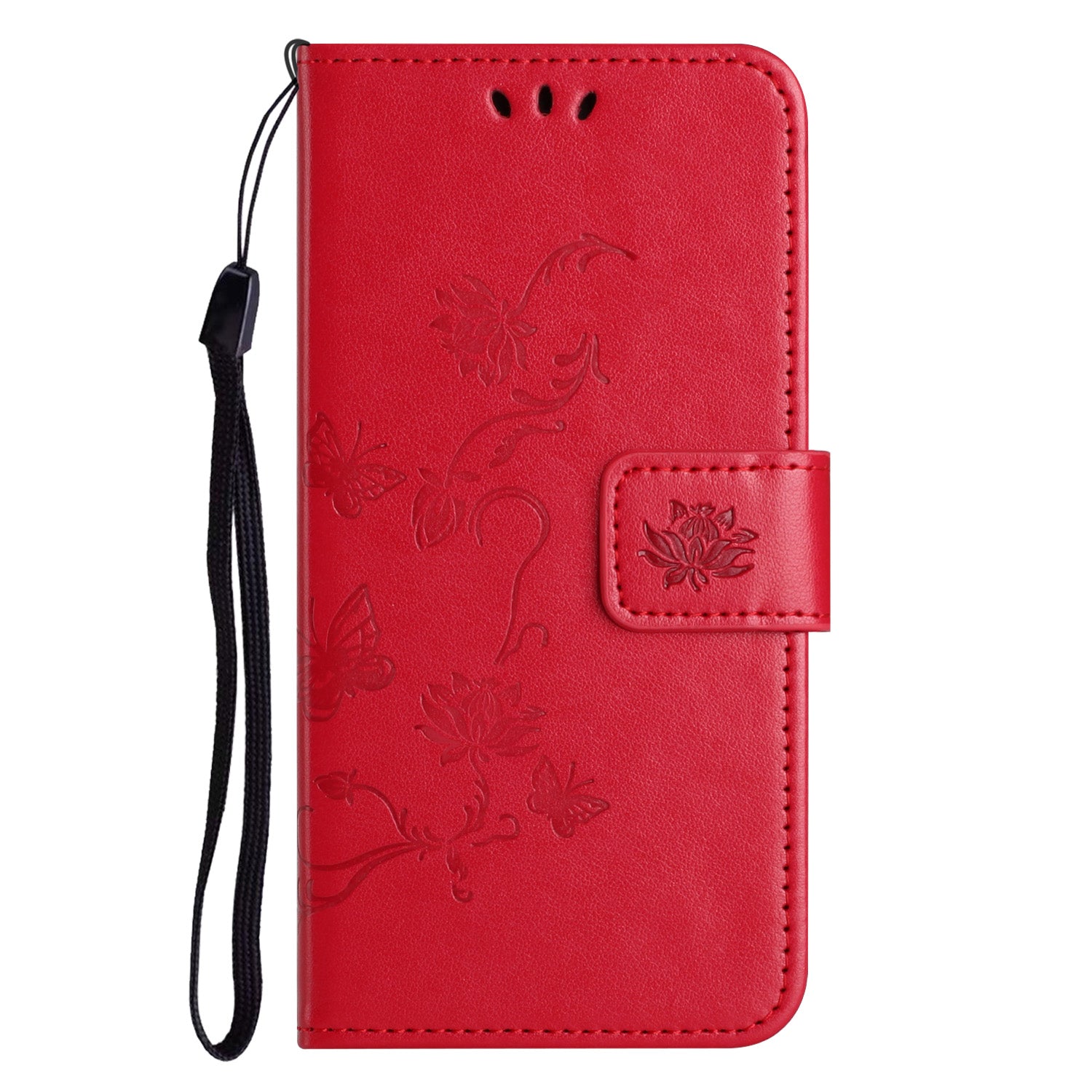 Wallet Stand Phone Case for iPhone 15 Plus , Butterfly Flower Imprinted PU Leather Phone Cover - Red