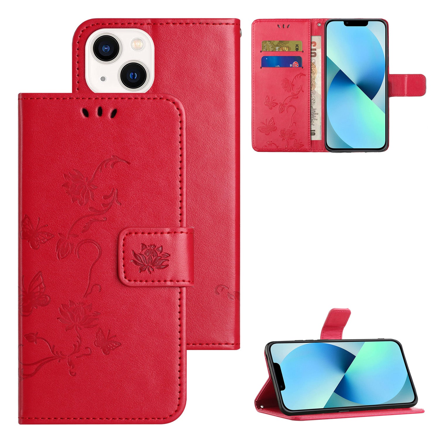 Wallet Stand Phone Case for iPhone 15 Plus , Butterfly Flower Imprinted PU Leather Phone Cover - Red