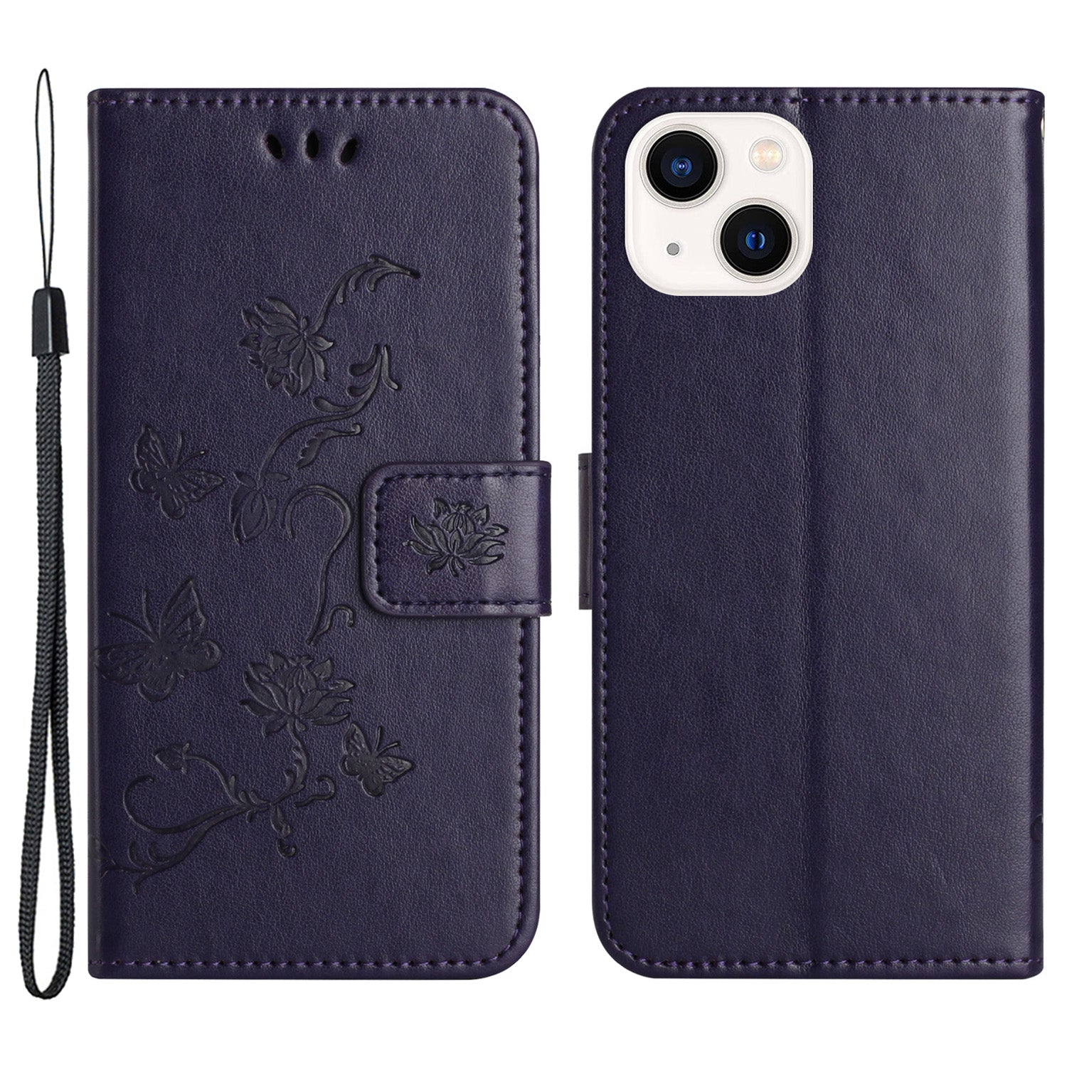 Wallet Stand Phone Case for iPhone 15 Plus , Butterfly Flower Imprinted PU Leather Phone Cover - Dark Purple