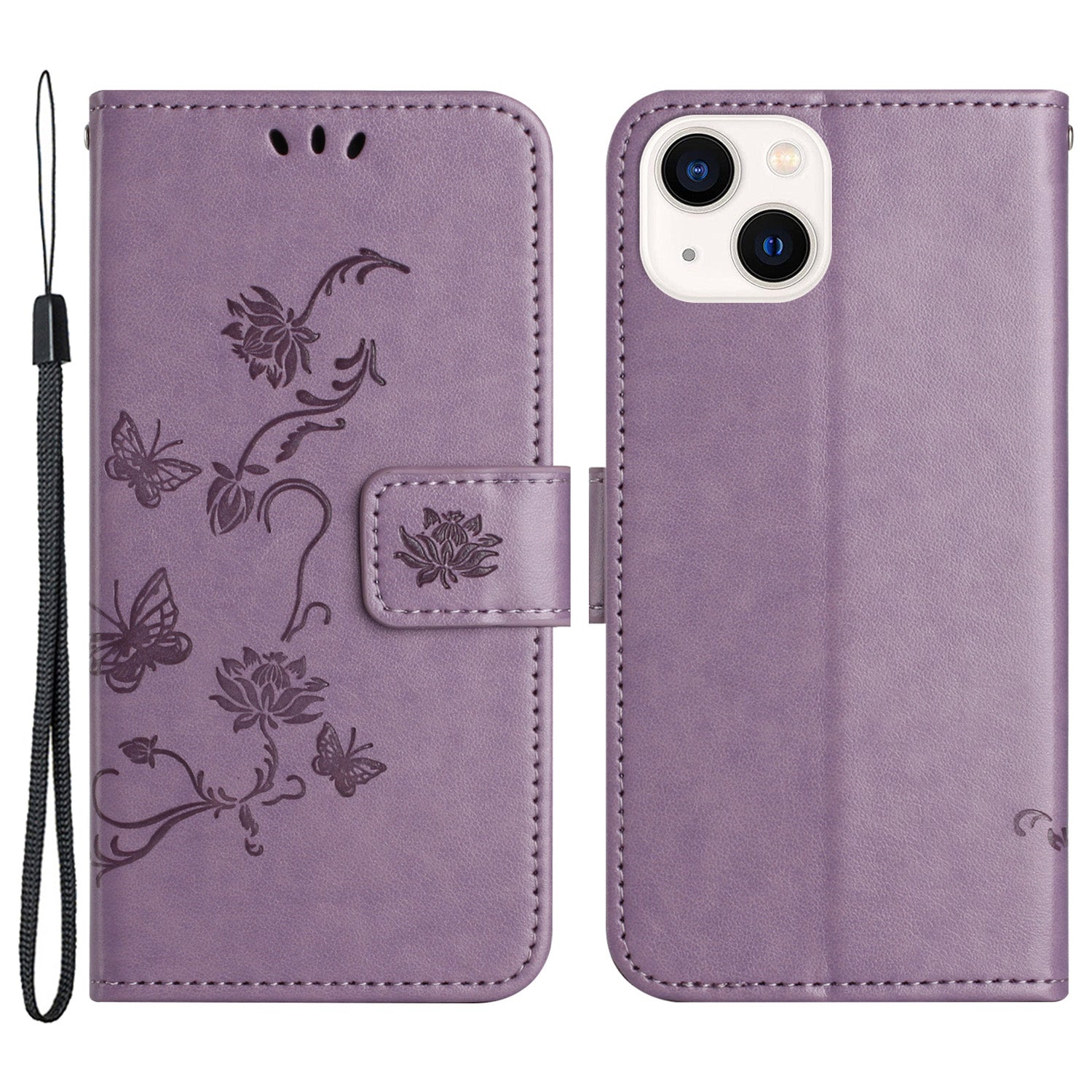 Wallet Stand Phone Case for iPhone 15 Plus , Butterfly Flower Imprinted PU Leather Phone Cover - Purple