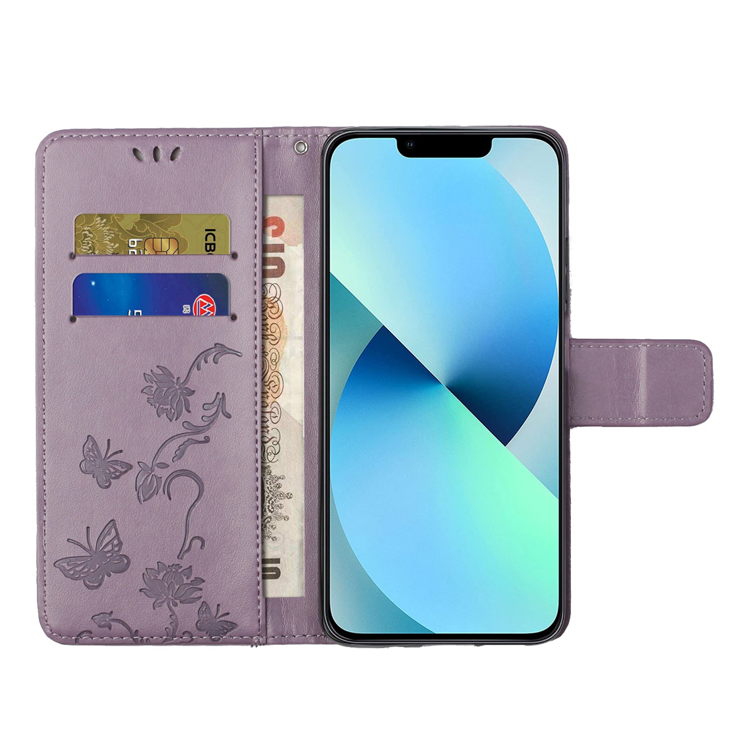 Wallet Stand Phone Case for iPhone 15 Plus , Butterfly Flower Imprinted PU Leather Phone Cover - Purple