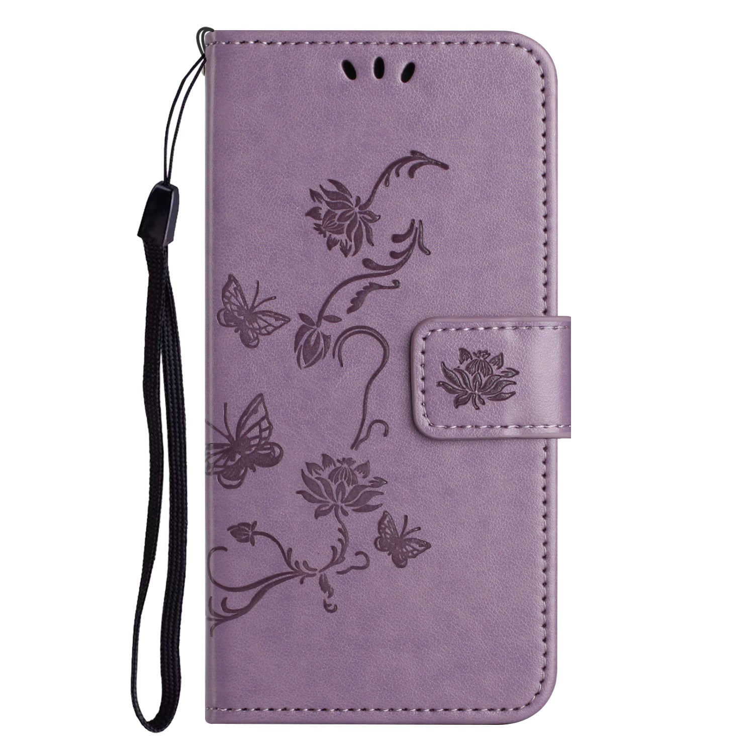 Wallet Stand Phone Case for iPhone 15 Plus , Butterfly Flower Imprinted PU Leather Phone Cover - Purple