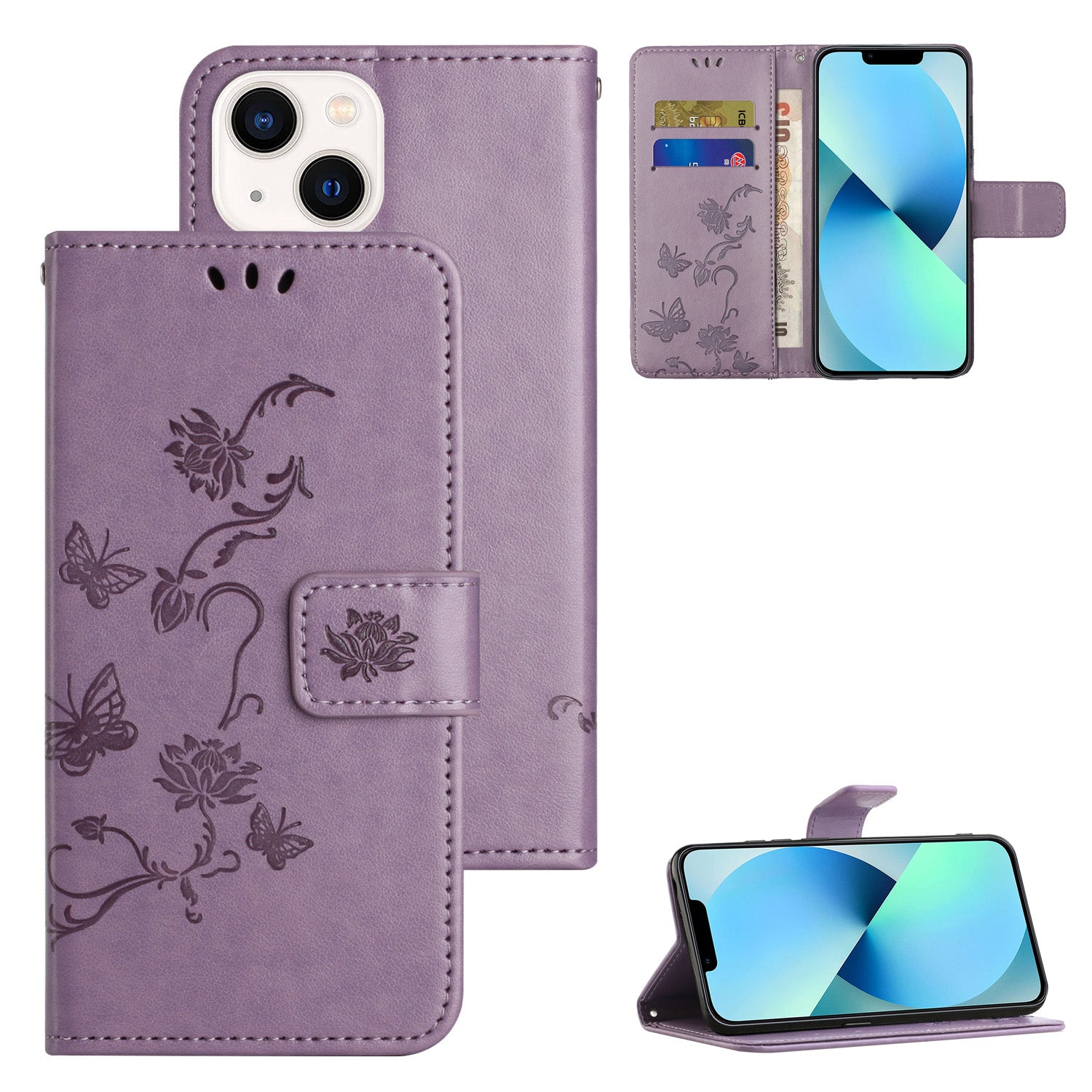 Wallet Stand Phone Case for iPhone 15 Plus , Butterfly Flower Imprinted PU Leather Phone Cover - Purple