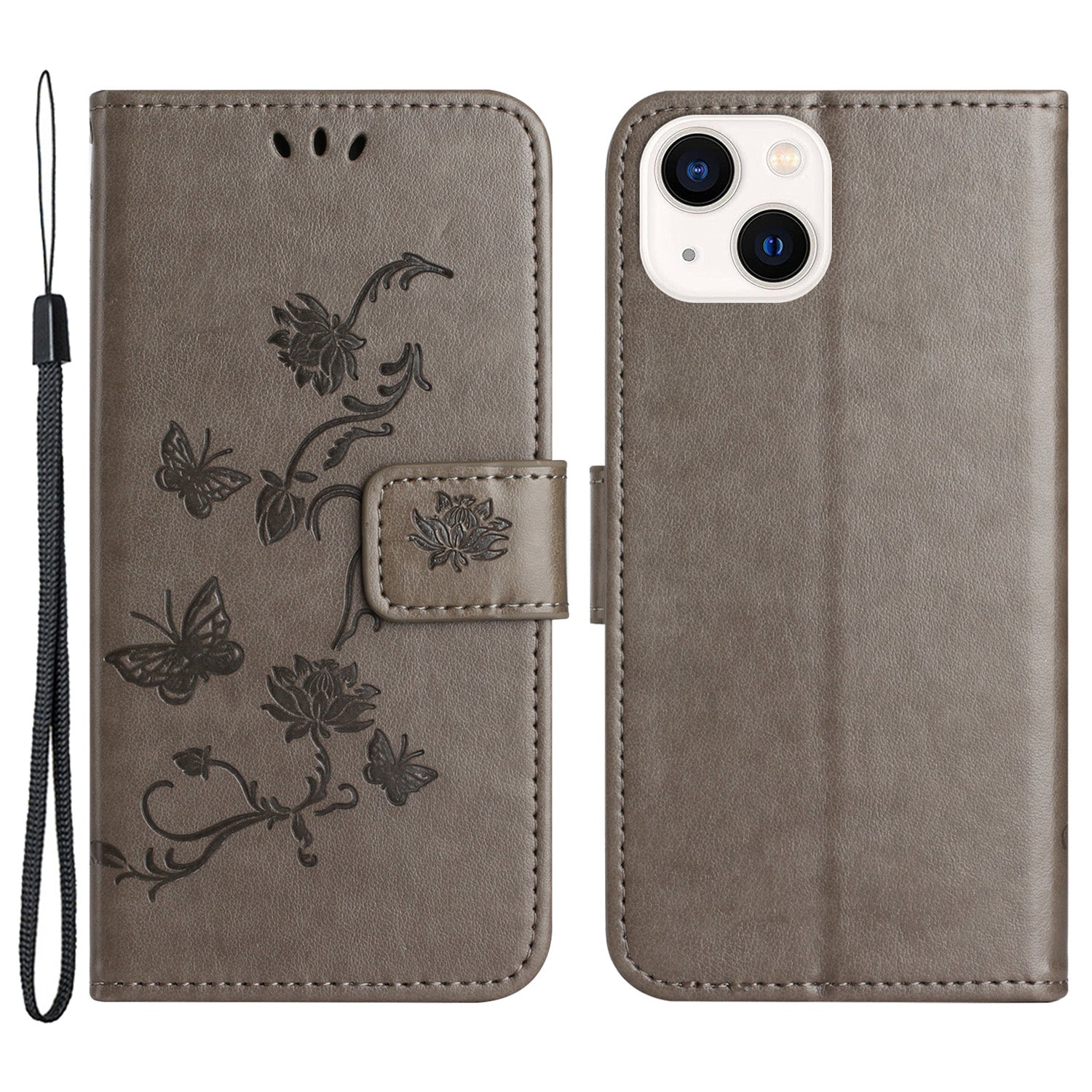 Wallet Stand Phone Case for iPhone 15 Plus , Butterfly Flower Imprinted PU Leather Phone Cover - Grey