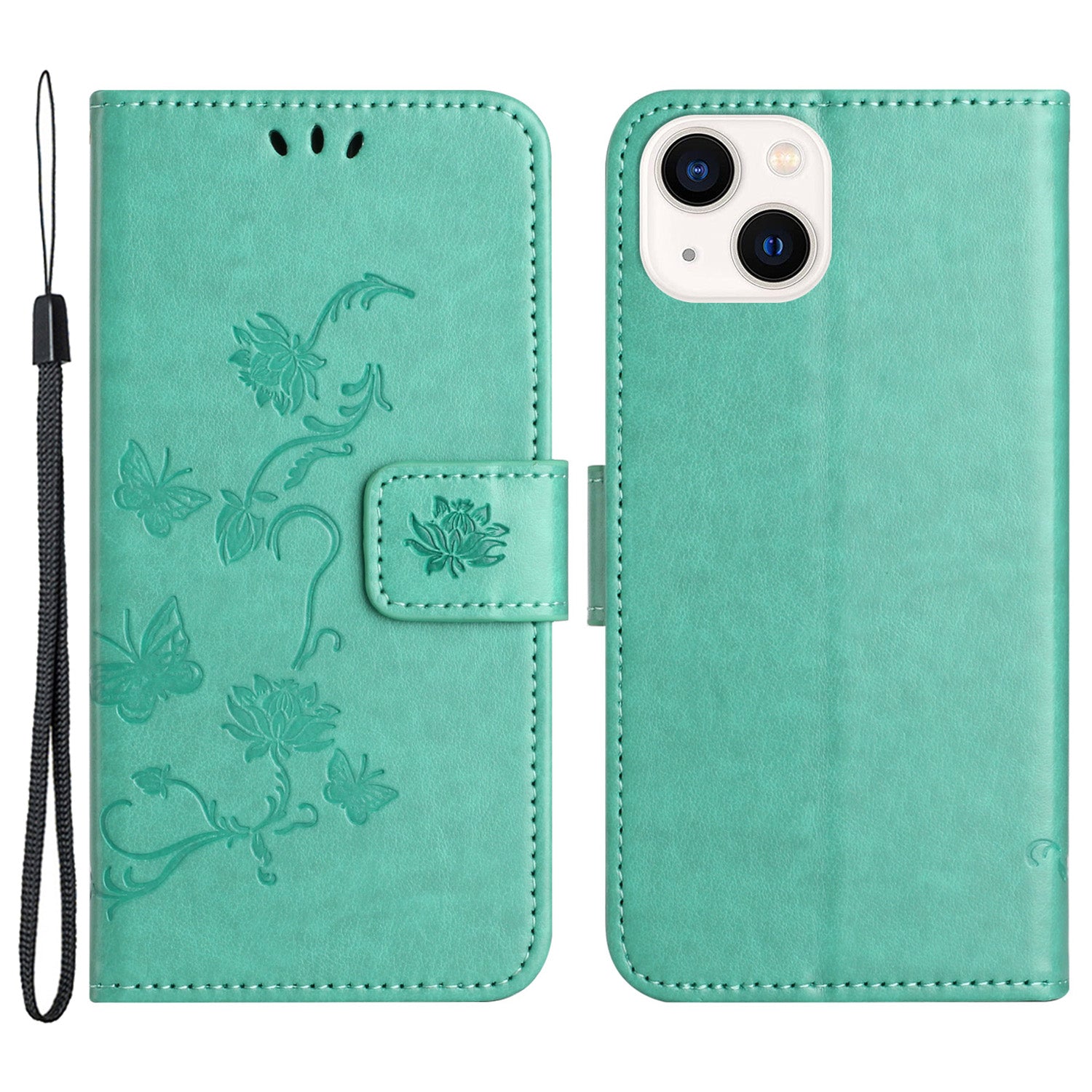 Wallet Stand Phone Case for iPhone 15 Plus , Butterfly Flower Imprinted PU Leather Phone Cover - Cyan