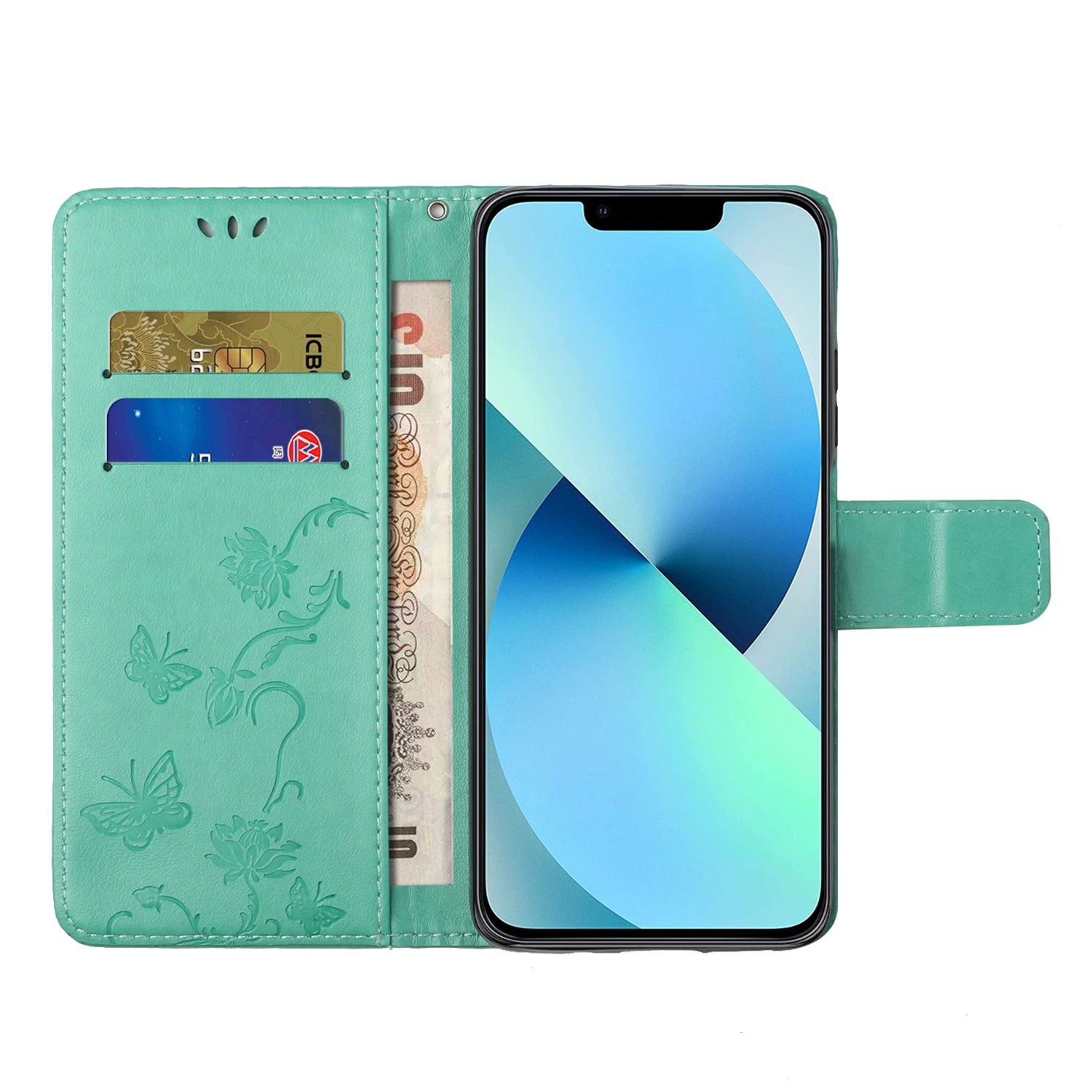 Wallet Stand Phone Case for iPhone 15 Plus , Butterfly Flower Imprinted PU Leather Phone Cover - Cyan