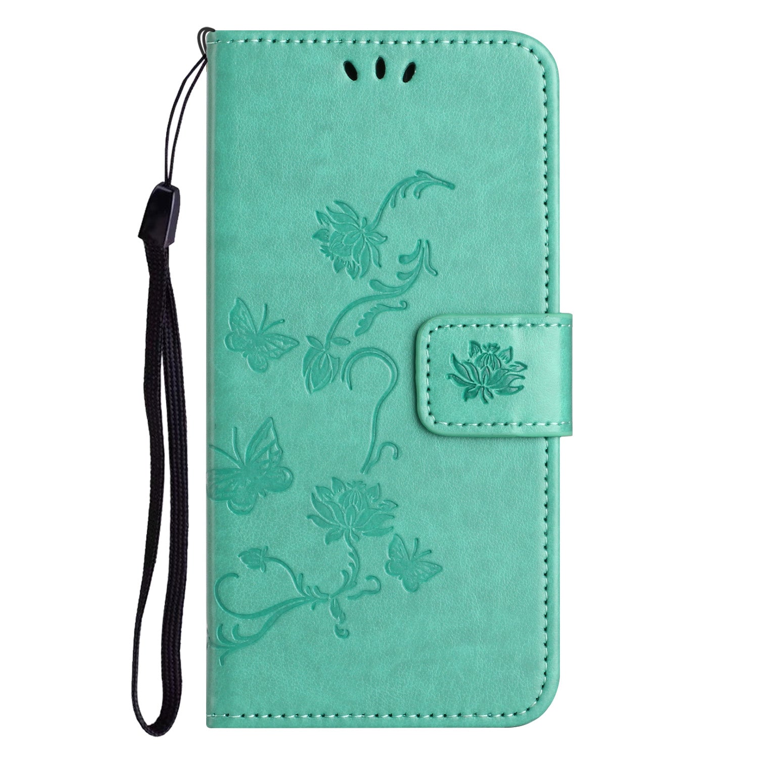 Wallet Stand Phone Case for iPhone 15 Plus , Butterfly Flower Imprinted PU Leather Phone Cover - Cyan