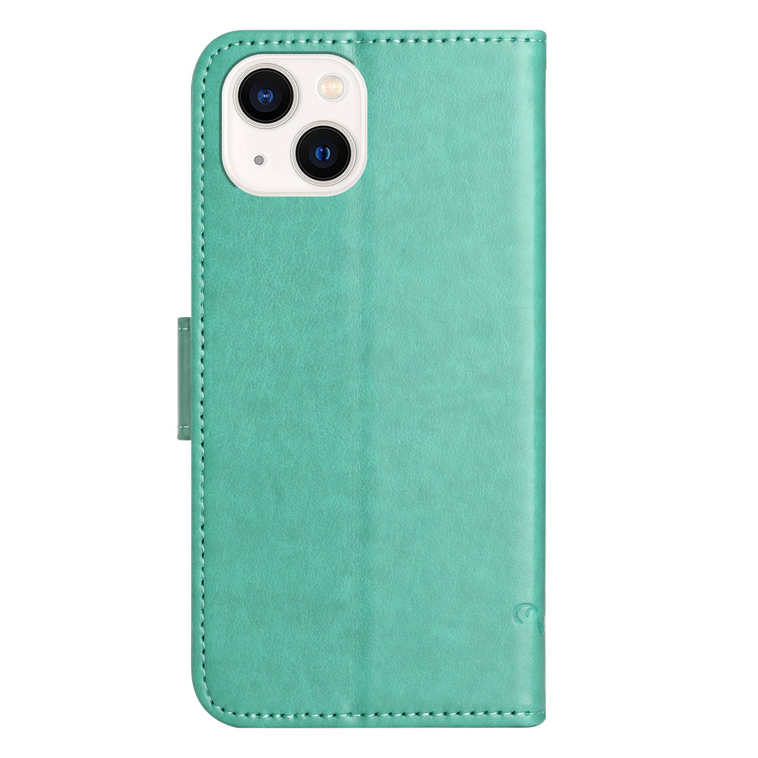 Wallet Stand Phone Case for iPhone 15 Plus , Butterfly Flower Imprinted PU Leather Phone Cover - Cyan