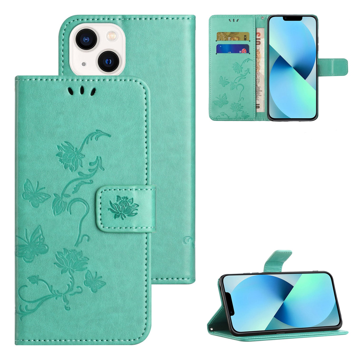 Wallet Stand Phone Case for iPhone 15 Plus , Butterfly Flower Imprinted PU Leather Phone Cover - Cyan