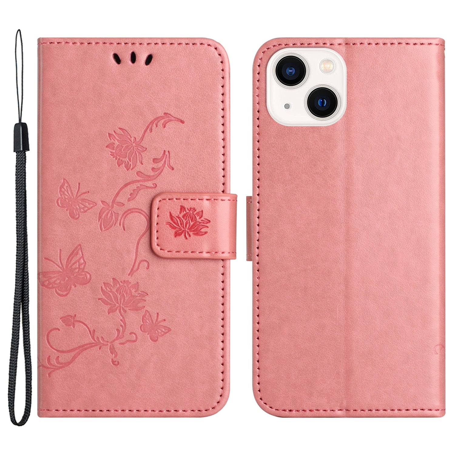 Wallet Stand Phone Case for iPhone 15 Plus , Butterfly Flower Imprinted PU Leather Phone Cover - Pink