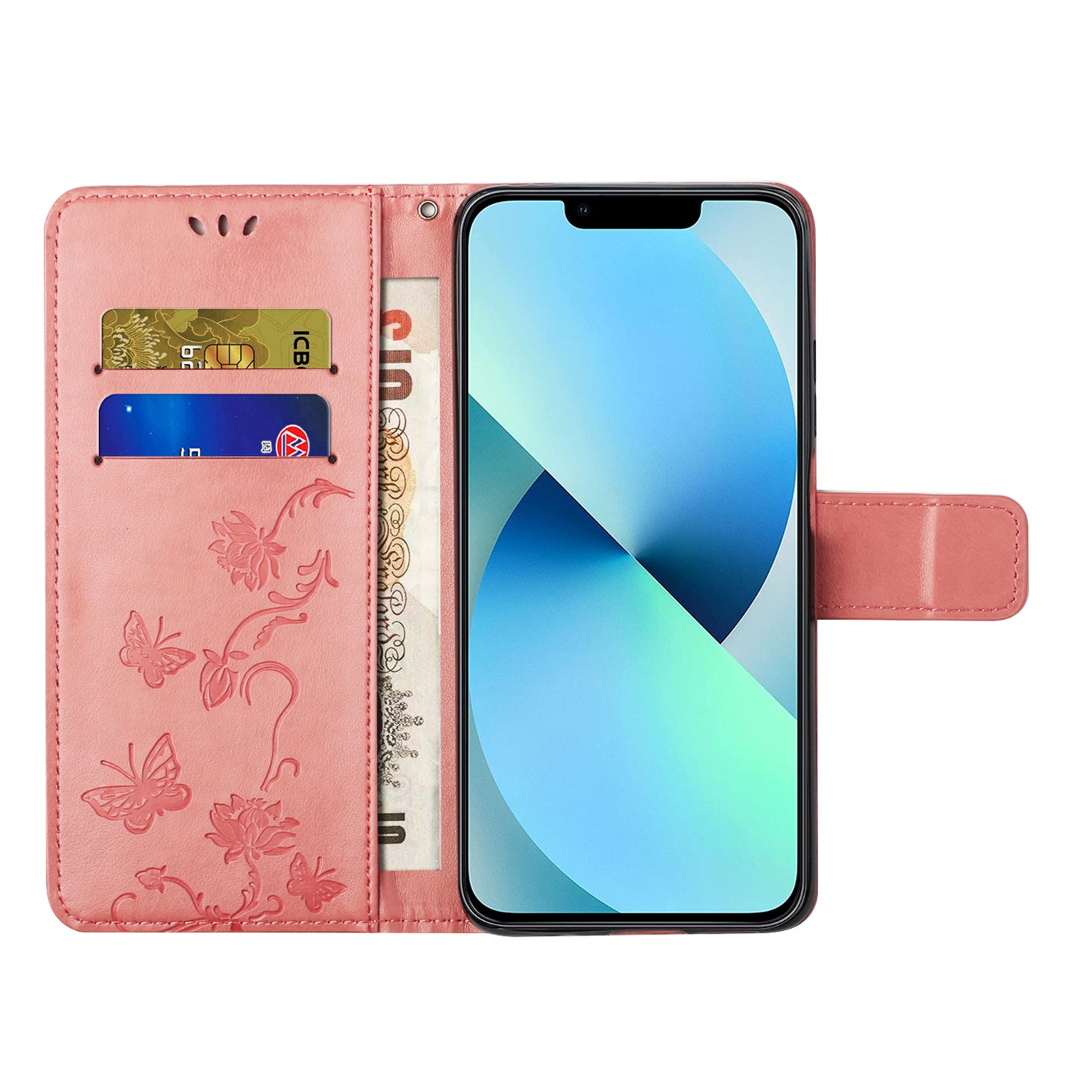 Wallet Stand Phone Case for iPhone 15 Plus , Butterfly Flower Imprinted PU Leather Phone Cover - Pink