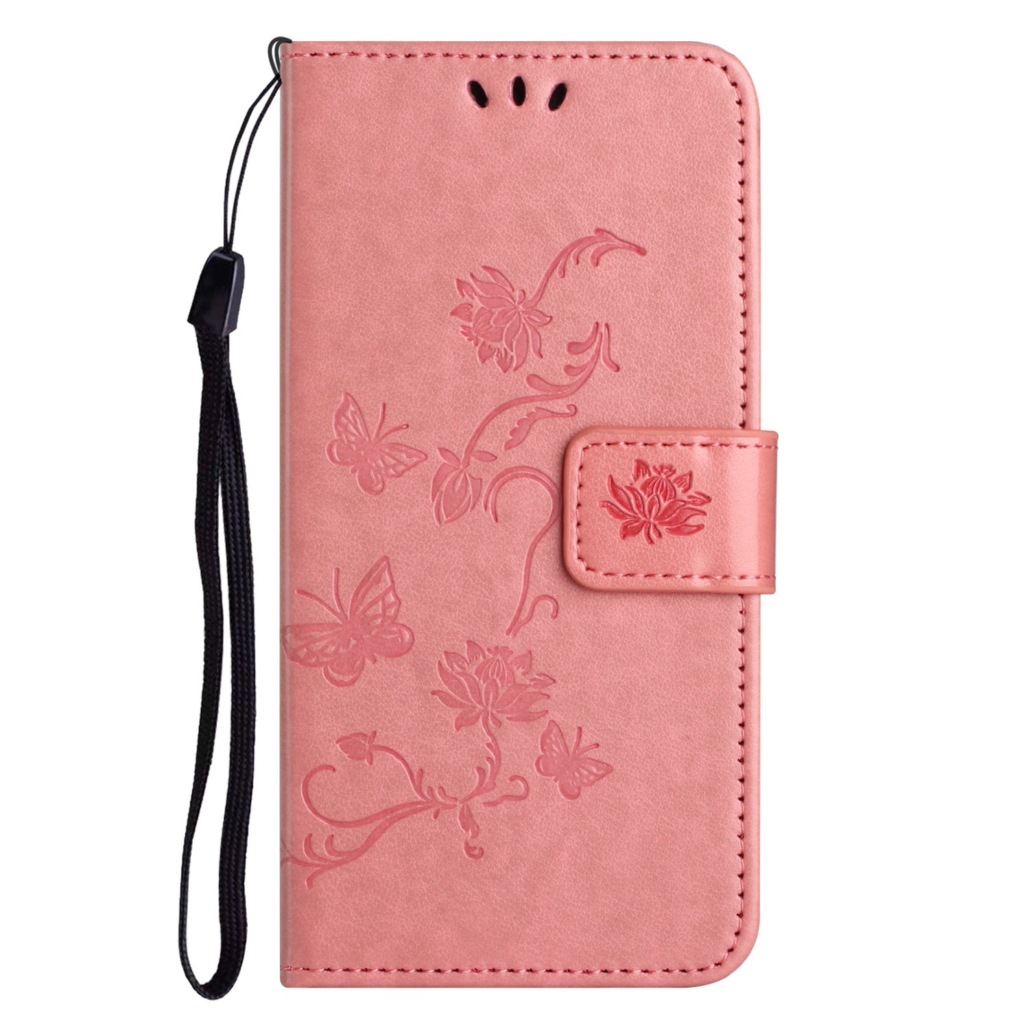 Wallet Stand Phone Case for iPhone 15 Plus , Butterfly Flower Imprinted PU Leather Phone Cover - Pink