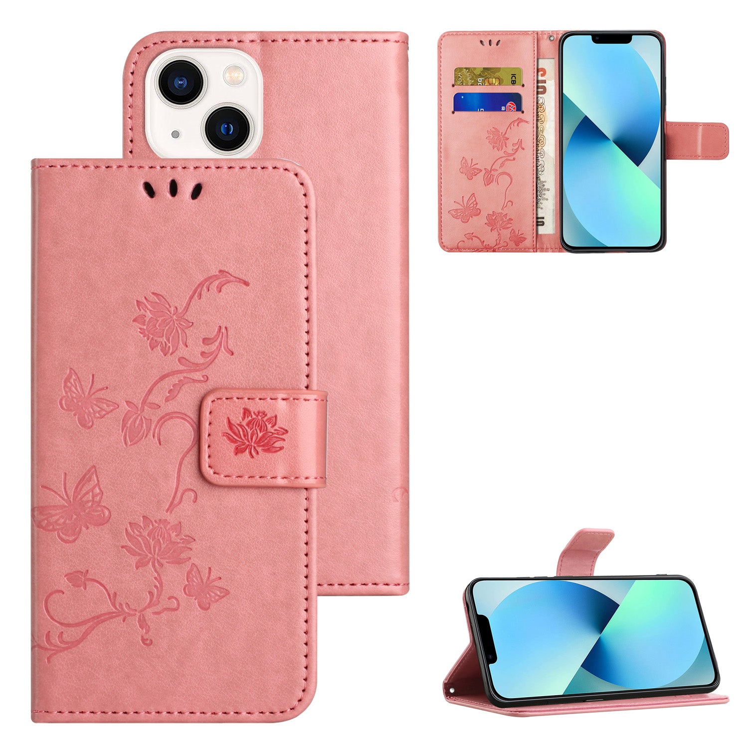 Wallet Stand Phone Case for iPhone 15 Plus , Butterfly Flower Imprinted PU Leather Phone Cover - Pink