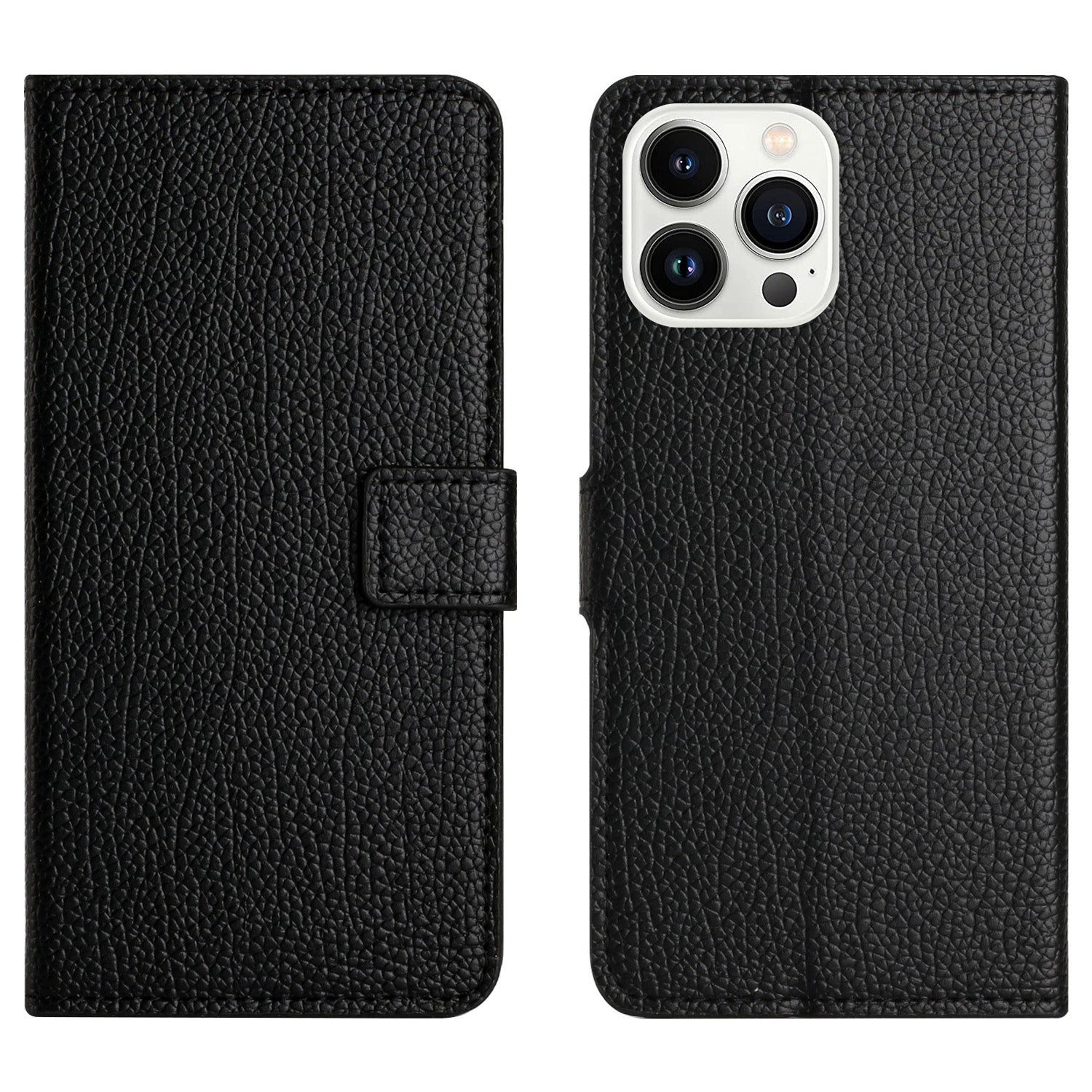 Wallet Phone Case for iPhone 15  Pro , Litchi Texture PU Leather Stand Phone Cover - Black