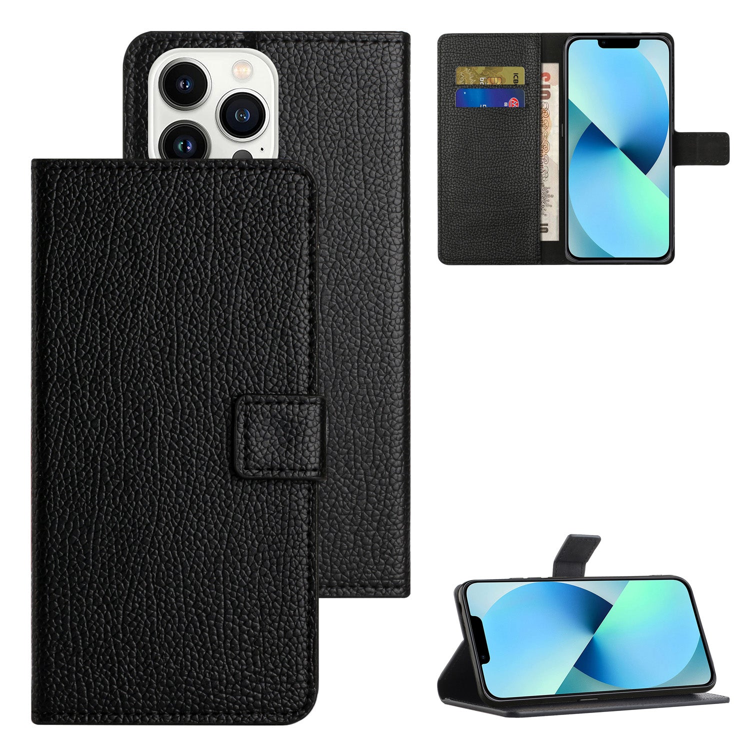 Wallet Phone Case for iPhone 15  Pro , Litchi Texture PU Leather Stand Phone Cover - Black