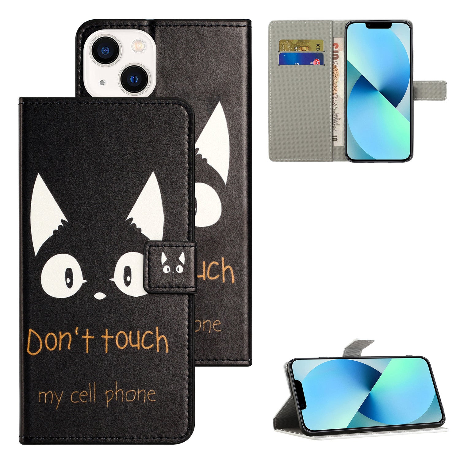 for iPhone 15 Pattern Printing Flip Case PU Leather Stand Wallet Phone Cover - Don't Touch My Cell Phone