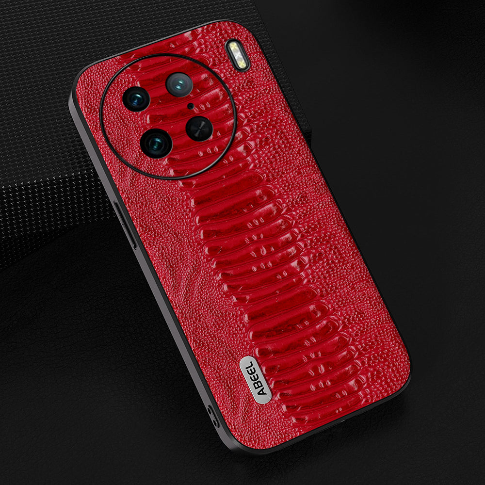 Uniqkart for vivo X90 Pro 5G PC+TPU Genuine Cow Leather Coated Cover Crocodile Texture Phone Case - Red