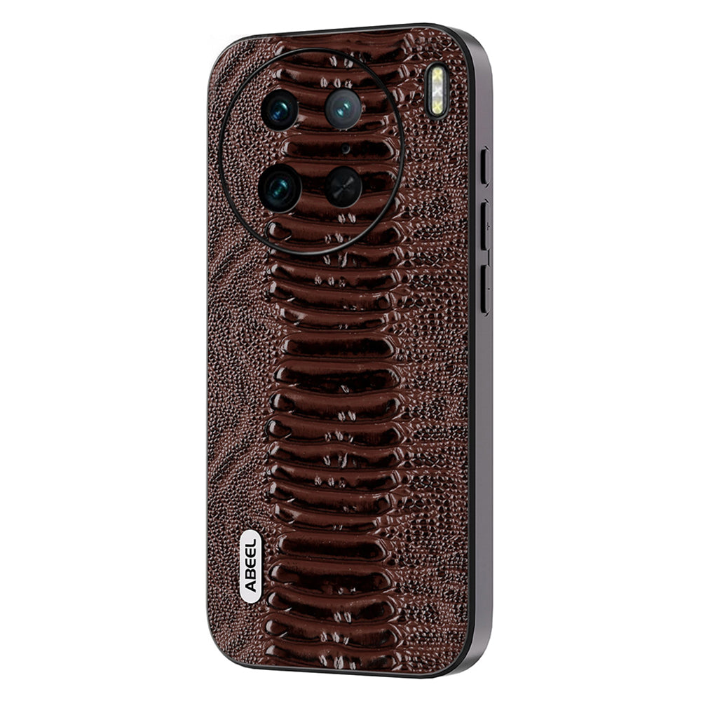 Genuine Cow Leather Coated Cover for vivo X90 5G Crocodile Texture PC+TPU Phone Case - Coffee