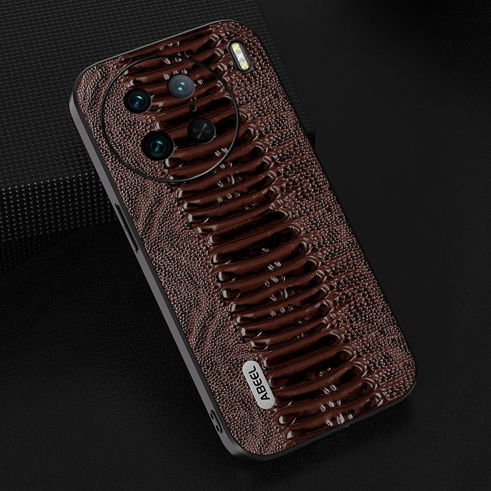 Genuine Cow Leather Coated Cover for vivo X90 5G Crocodile Texture PC+TPU Phone Case - Coffee