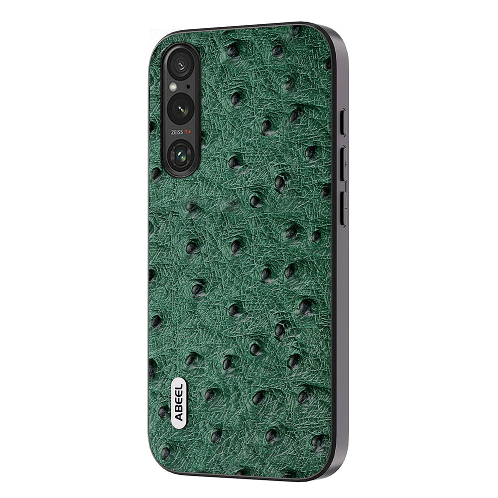 Uniqkart For Sony Xperia 1 V Ostrich Texture Genuine Cow Leather Coated Phone Case PC+TPU Back Cover - Green