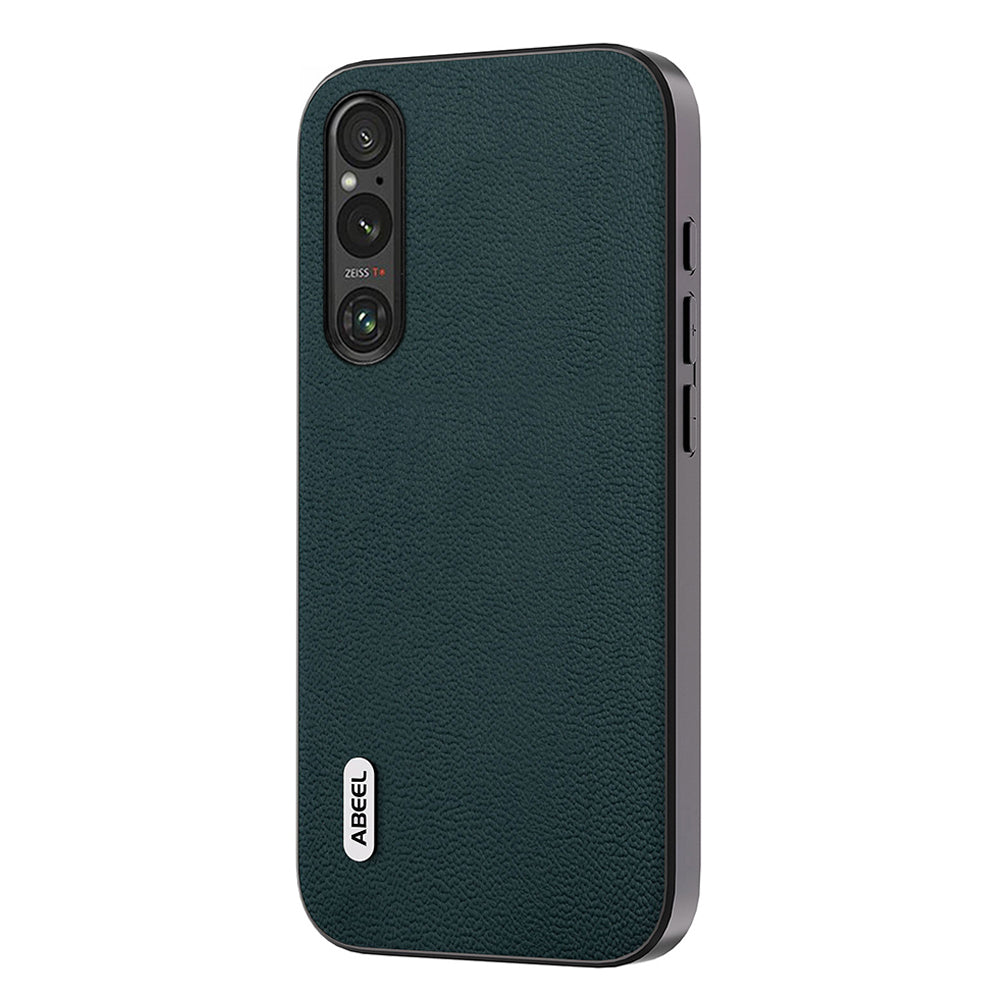 Uniqkart For Sony Xperia 1 V PC+TPU Genuine Cow Leather Coated Cover Litchi Texture Phone Case - Midnight Green