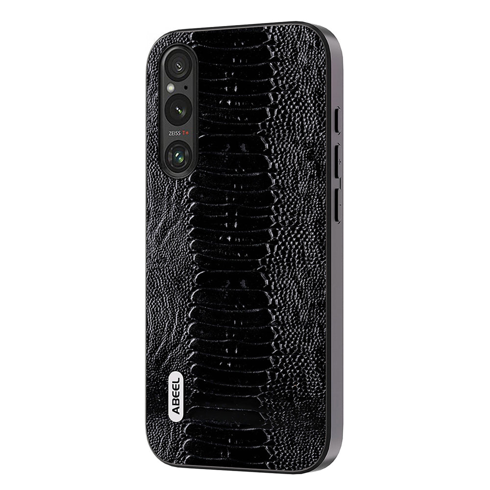 Uniqkart For Sony Xperia 1 V Genuine Cow Leather Coated Phone Cover Crocodile Texture PC+TPU Back Case - Black