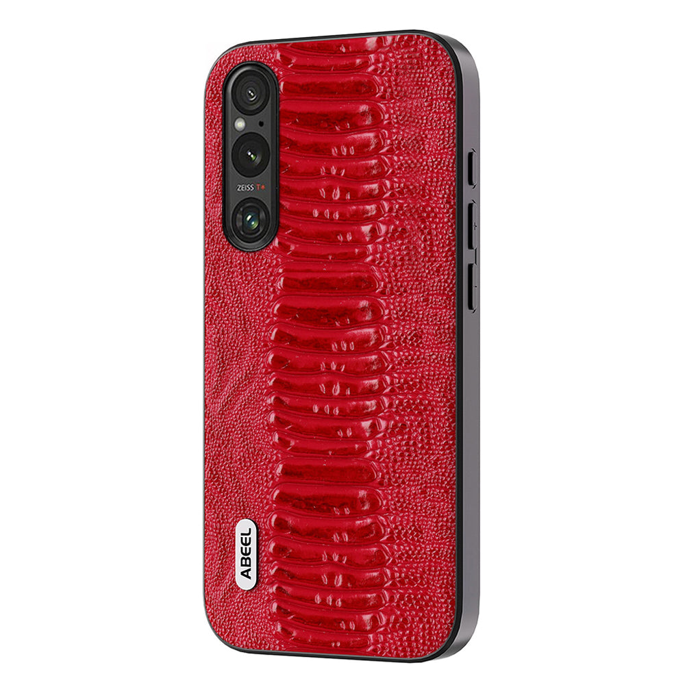 Uniqkart For Sony Xperia 1 V Genuine Cow Leather Coated Phone Cover Crocodile Texture PC+TPU Back Case - Red
