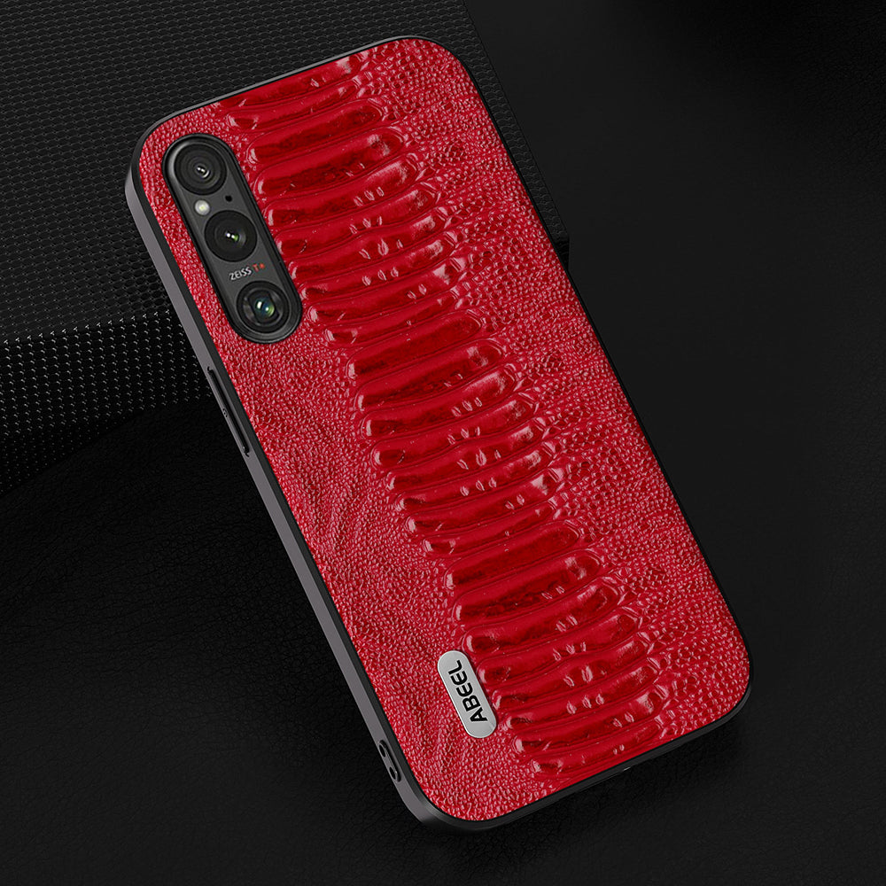 Uniqkart For Sony Xperia 1 V Genuine Cow Leather Coated Phone Cover Crocodile Texture PC+TPU Back Case - Red