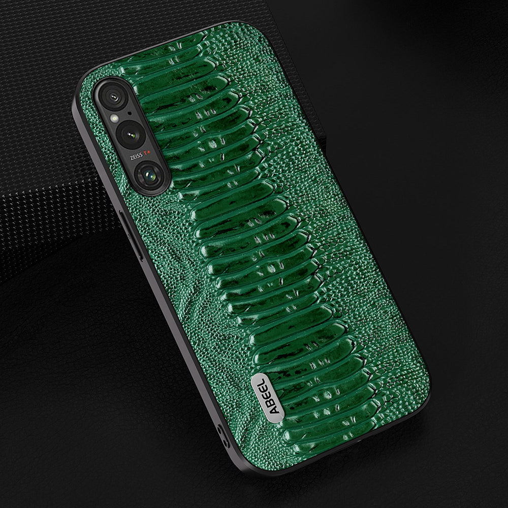 Uniqkart For Sony Xperia 1 V Genuine Cow Leather Coated Phone Cover Crocodile Texture PC+TPU Back Case - Green