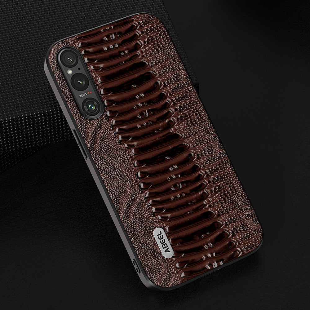 Uniqkart For Sony Xperia 1 V Genuine Cow Leather Coated Phone Cover Crocodile Texture PC+TPU Back Case - Coffee