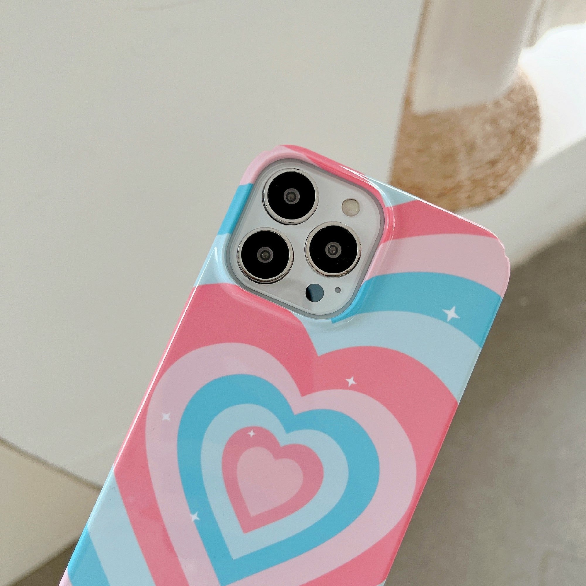 Uniqkart for iPhone 12 Pro Max 6.7 inch Hard PC Phone Case Pattern Printing Protective Glossy Phone Shell - Pink Blue Heart