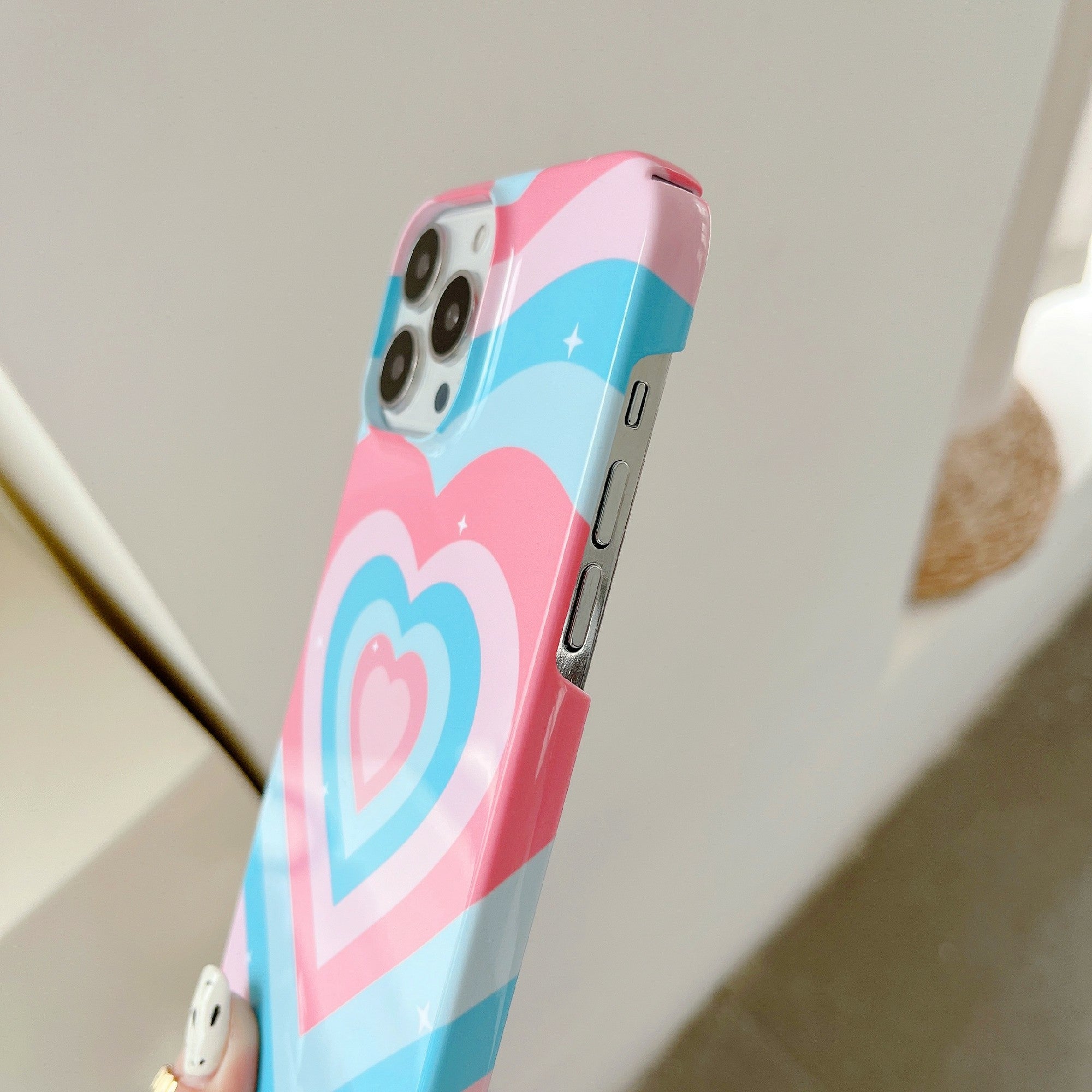 Uniqkart for iPhone 12 Pro Max 6.7 inch Hard PC Phone Case Pattern Printing Protective Glossy Phone Shell - Pink Blue Heart