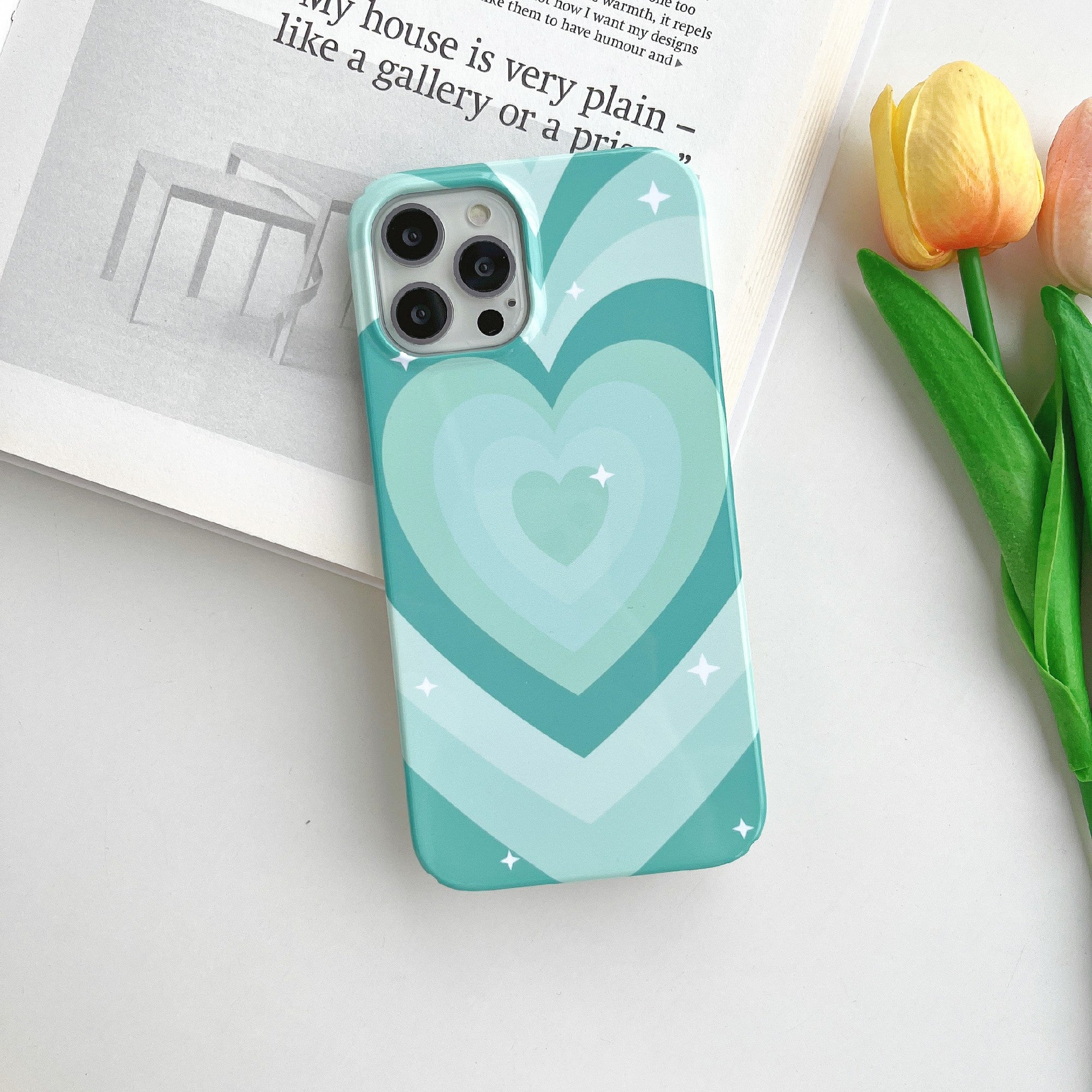 Uniqkart for iPhone 12 Pro Max 6.7 inch Hard PC Phone Case Pattern Printing Protective Glossy Phone Shell - Mint Green Heart