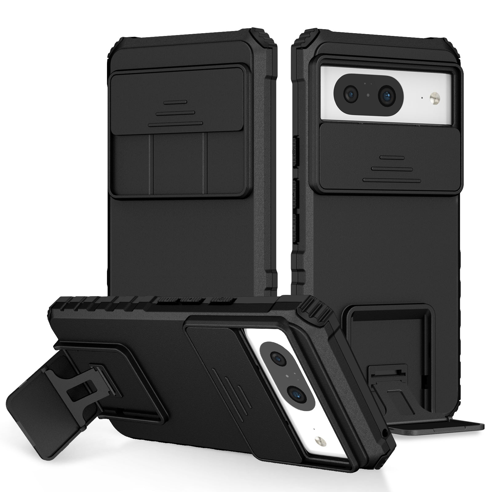 Kickstand Case for Google Pixel 8 PC + TPU Anti-drop Phone Protector with Slide Camera Cover - Black