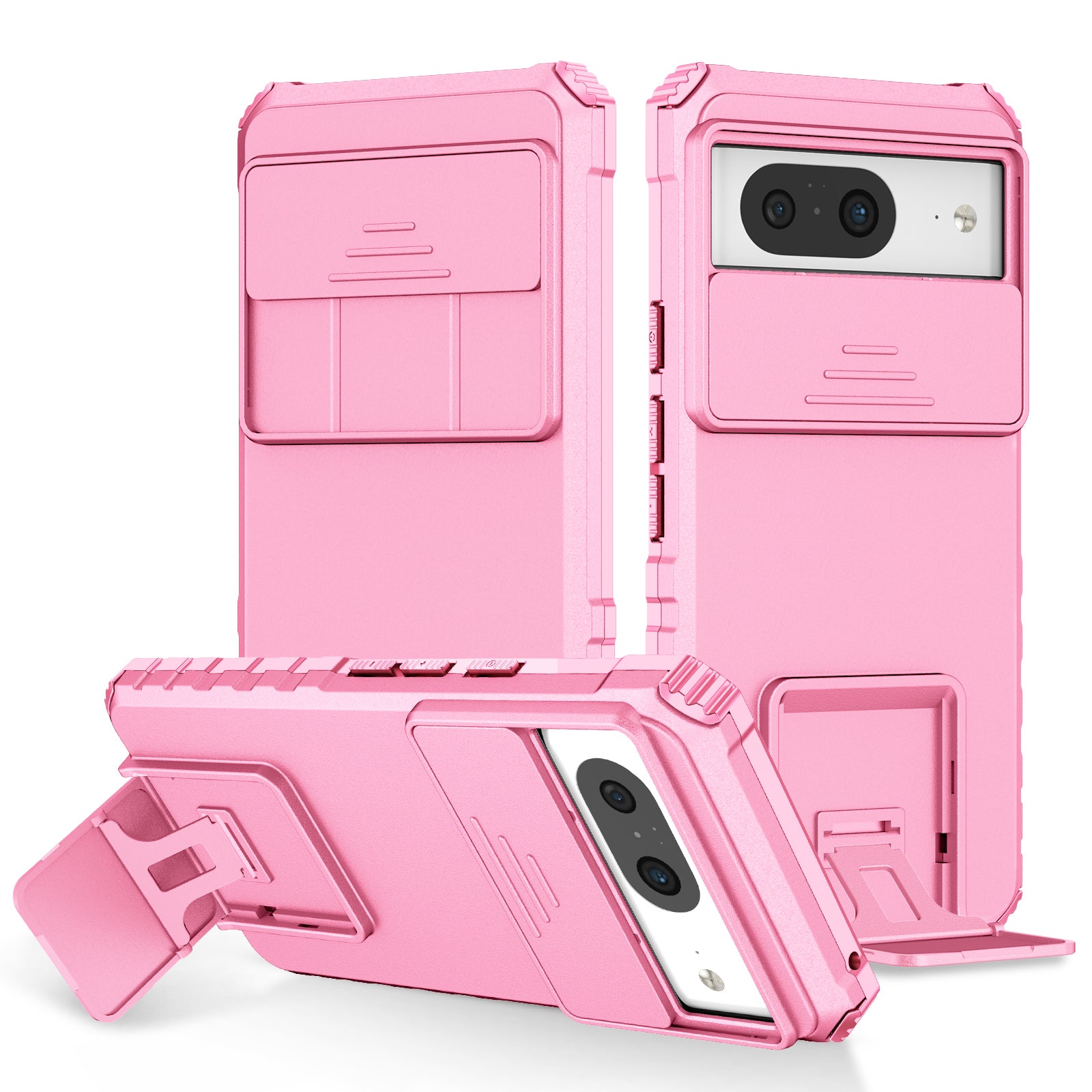 Kickstand Case for Google Pixel 8 PC + TPU Anti-drop Phone Protector with Slide Camera Cover - Pink