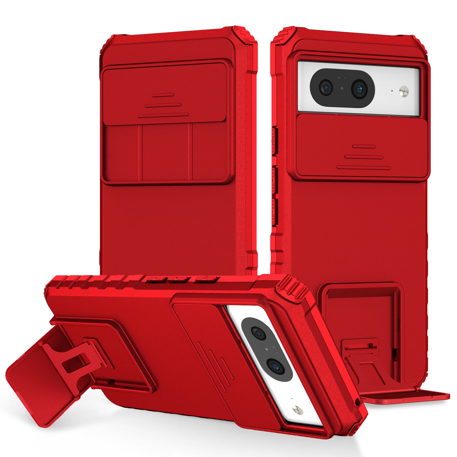 Kickstand Case for Google Pixel 8 PC + TPU Anti-drop Phone Protector with Slide Camera Cover - Red
