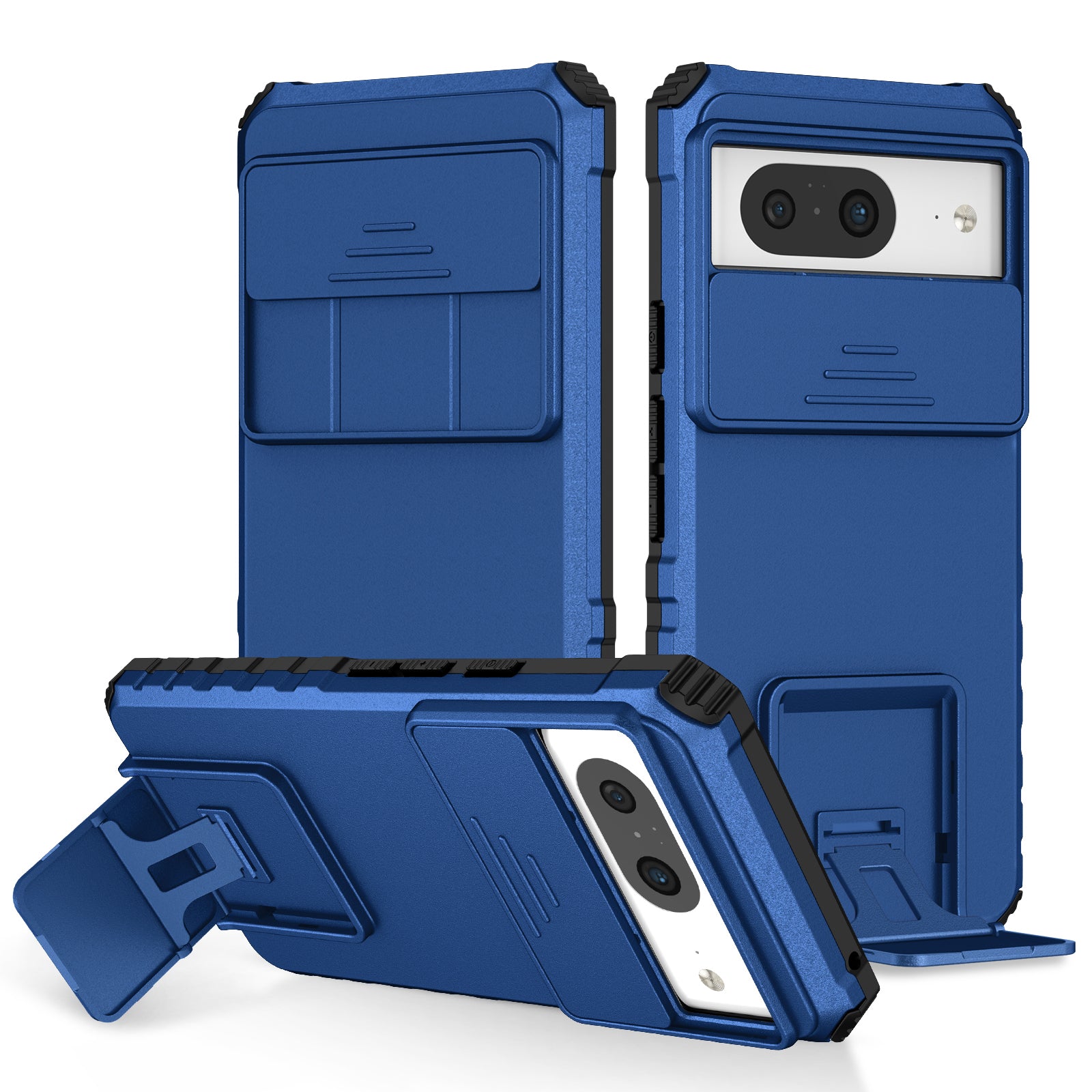 Kickstand Case for Google Pixel 8 PC + TPU Anti-drop Phone Protector with Slide Camera Cover - Blue