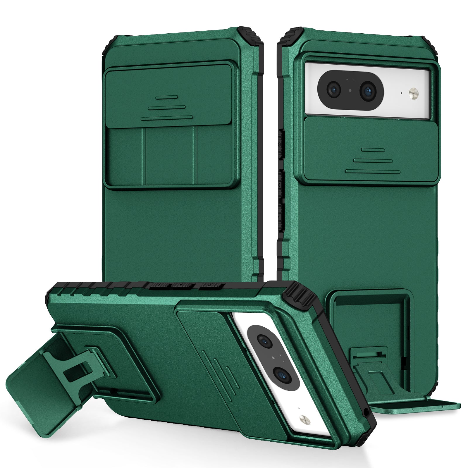 Kickstand Case for Google Pixel 8 PC + TPU Anti-drop Phone Protector with Slide Camera Cover - Blackish Green