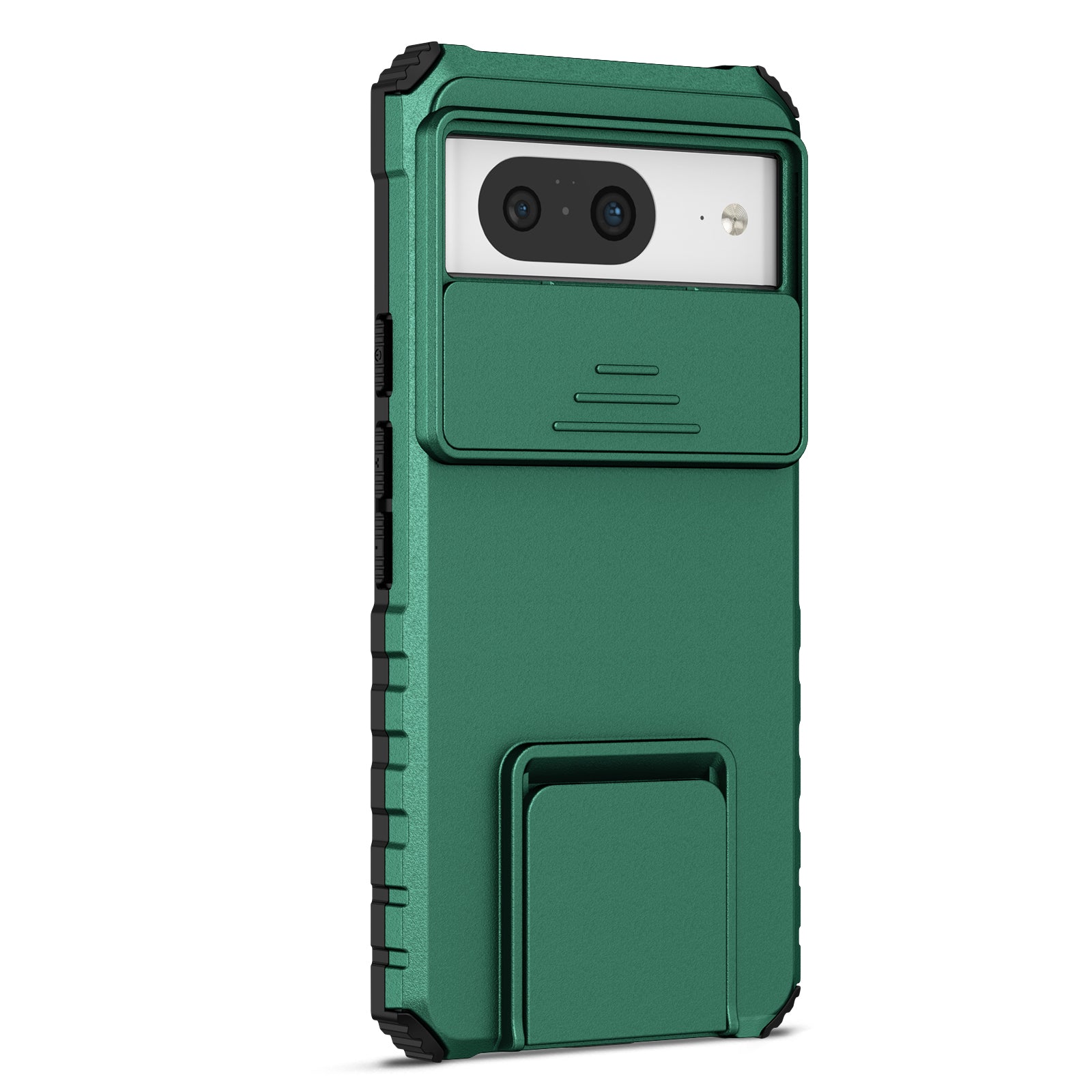 Kickstand Case for Google Pixel 8 PC + TPU Anti-drop Phone Protector with Slide Camera Cover - Blackish Green
