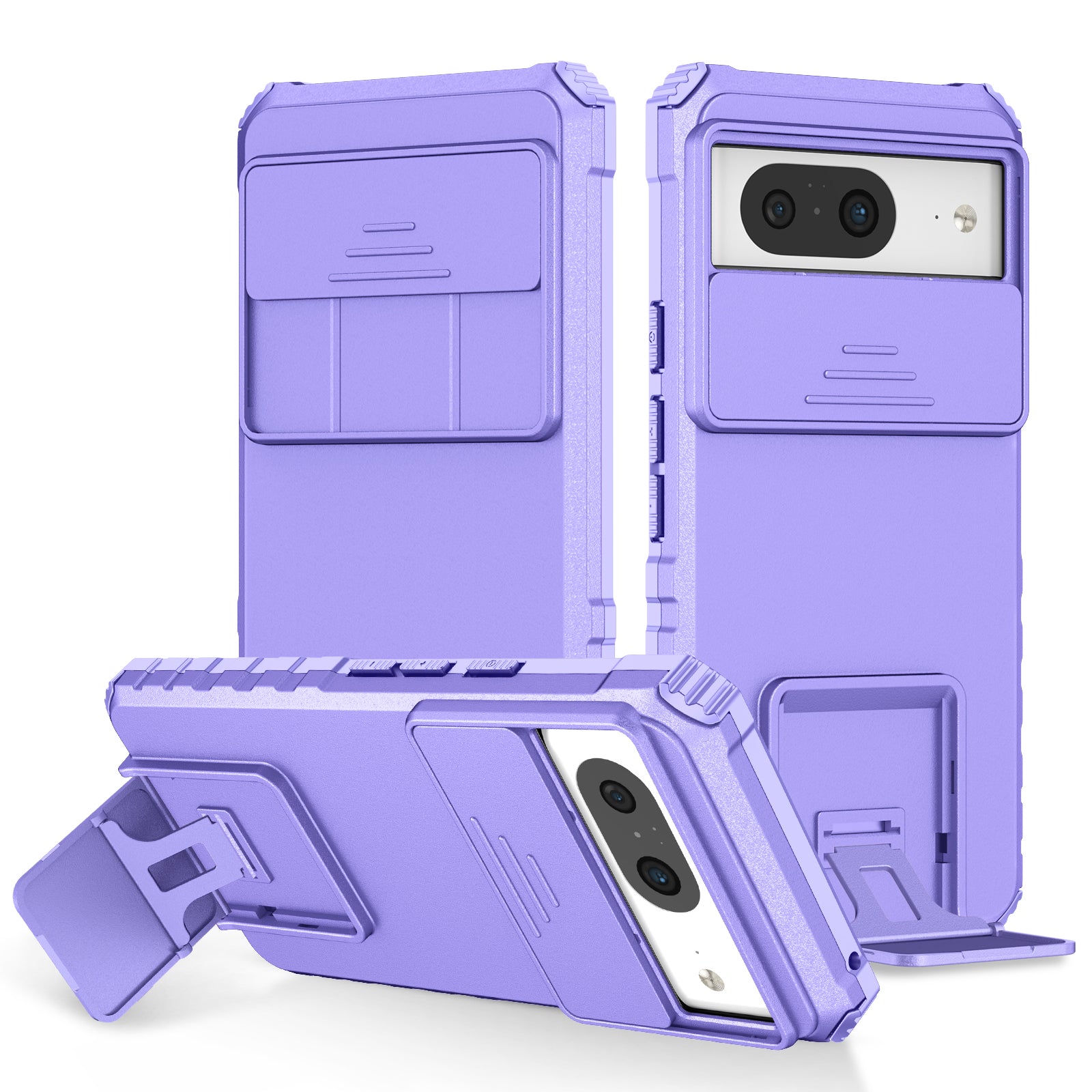 Kickstand Case for Google Pixel 8 PC + TPU Anti-drop Phone Protector with Slide Camera Cover - Purple