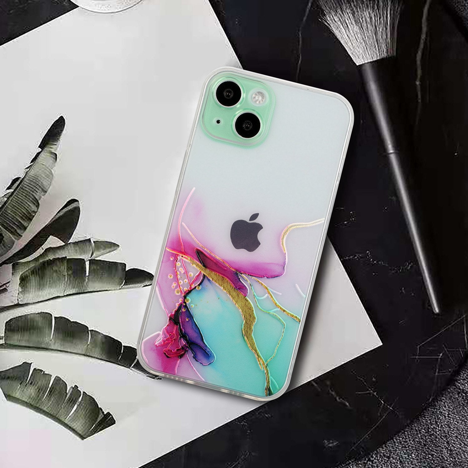Uniqkart for iPhone 15 Shockproof TPU Case Embossing Marble Pattern Phone Shell Anti-Scratch Phone Cover - Green