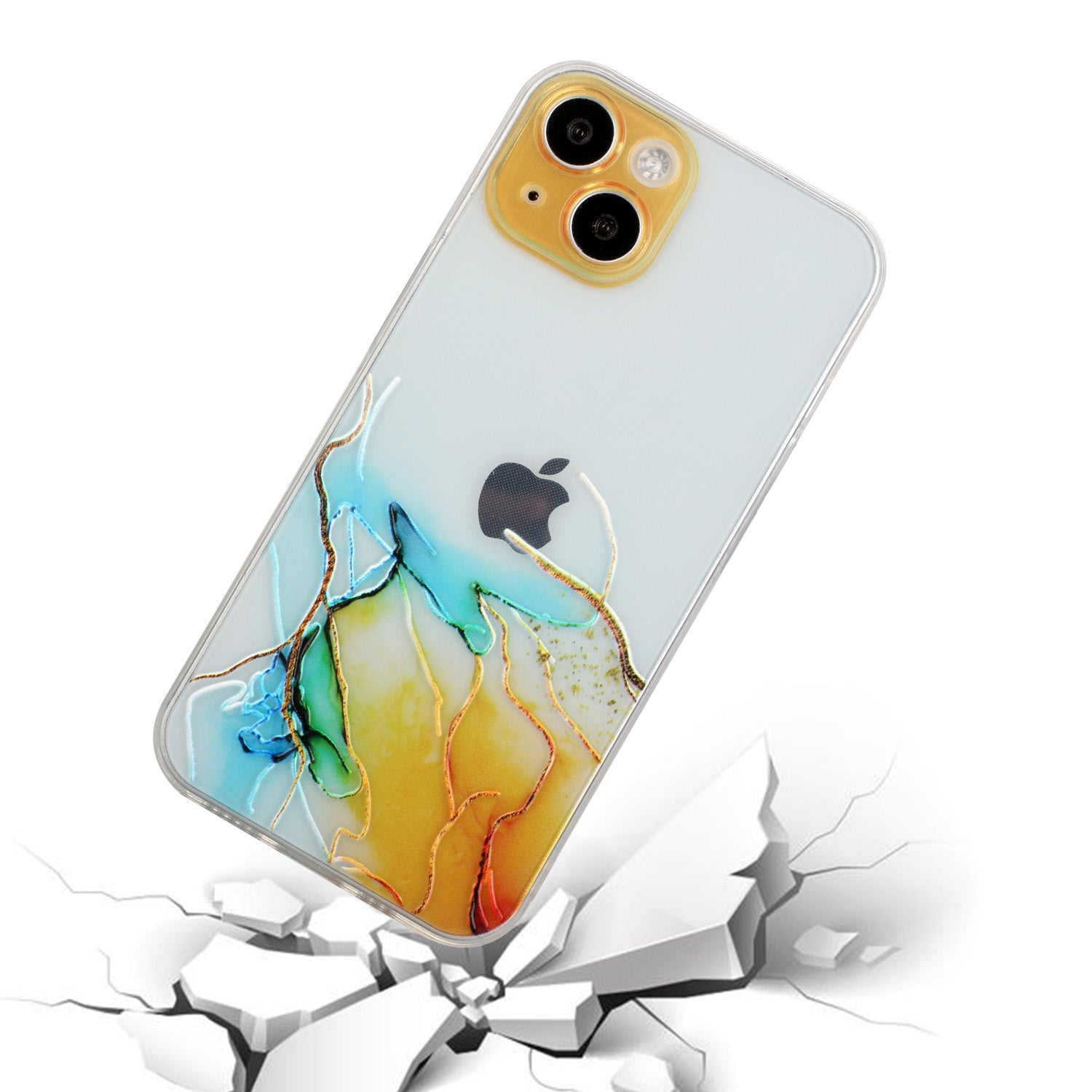 Uniqkart for iPhone 15 Shockproof TPU Case Embossing Marble Pattern Phone Shell Anti-Scratch Phone Cover - Yellow